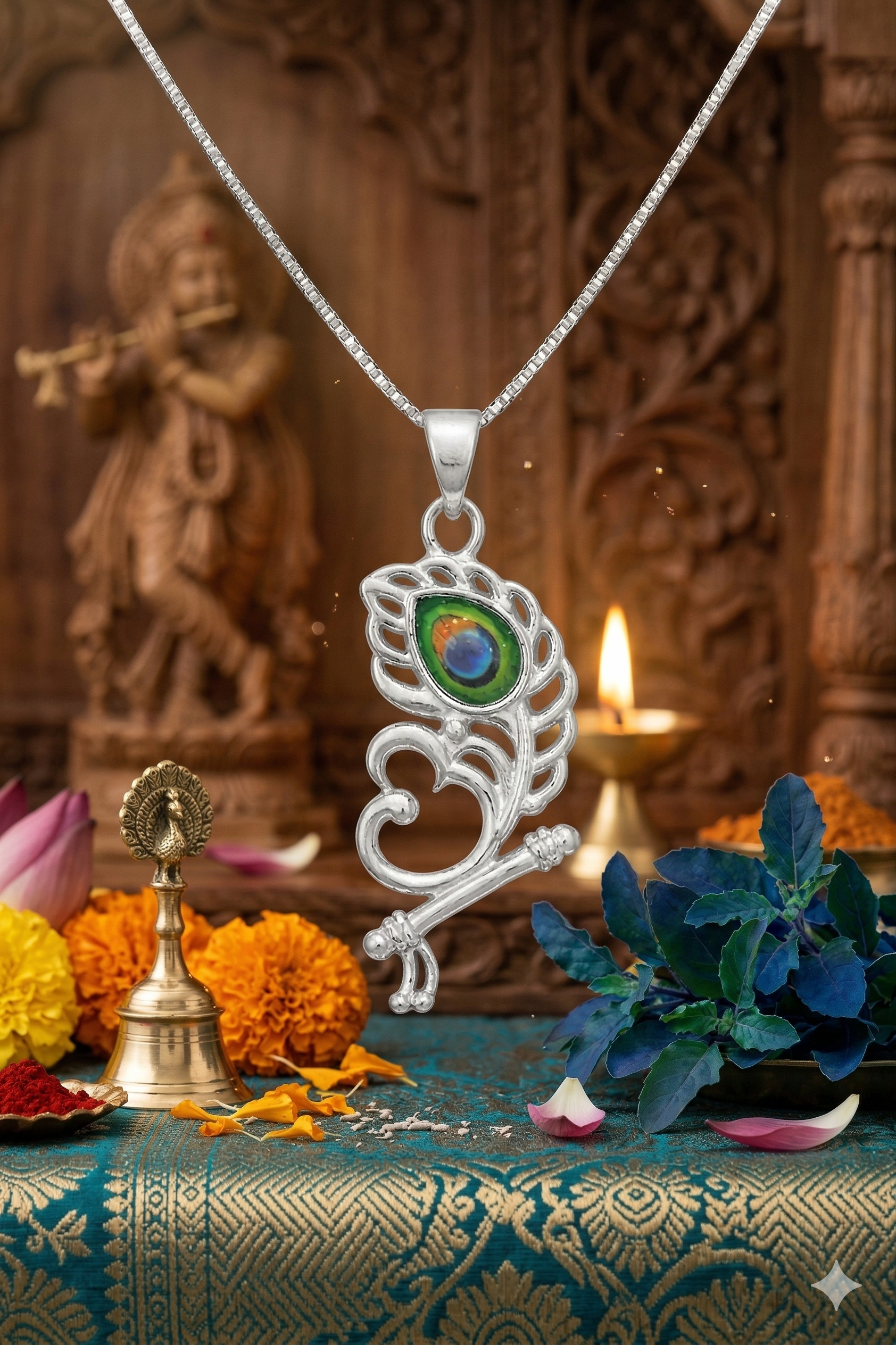 Zaviraa Divine Mor Pankh & Bansuri Silver Pendant with Chain