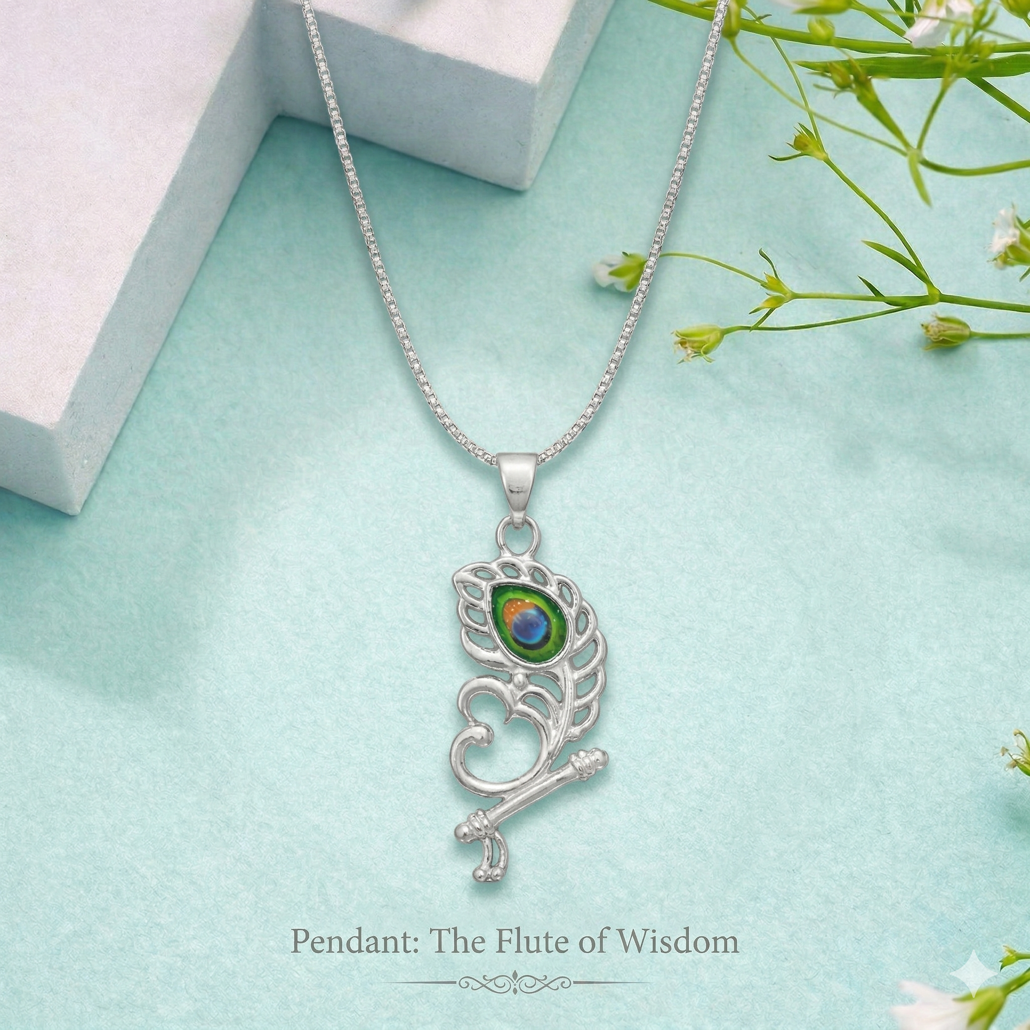 Zaviraa Divine Mor Pankh & Bansuri Silver Pendant with Chain