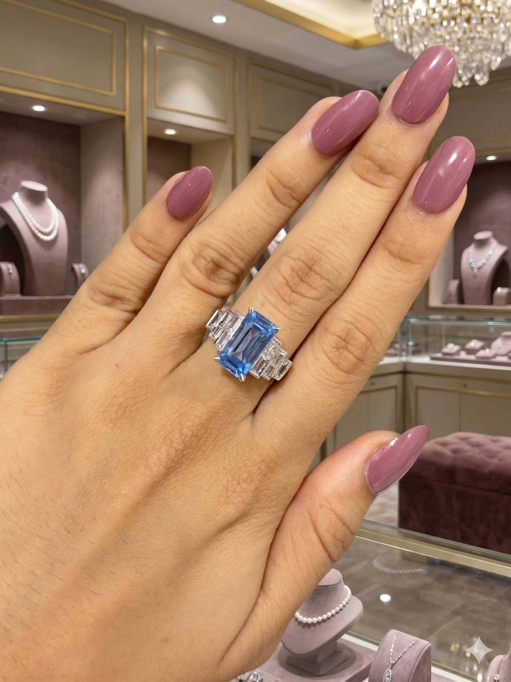 Zaviraa Emerald Cut Aquamarine Engagement Ring for Women – 925 Sterling Silver Art Deco 7 Stone Ring with Baguette Moissanite Accents | March Birthstone Proposal Ring