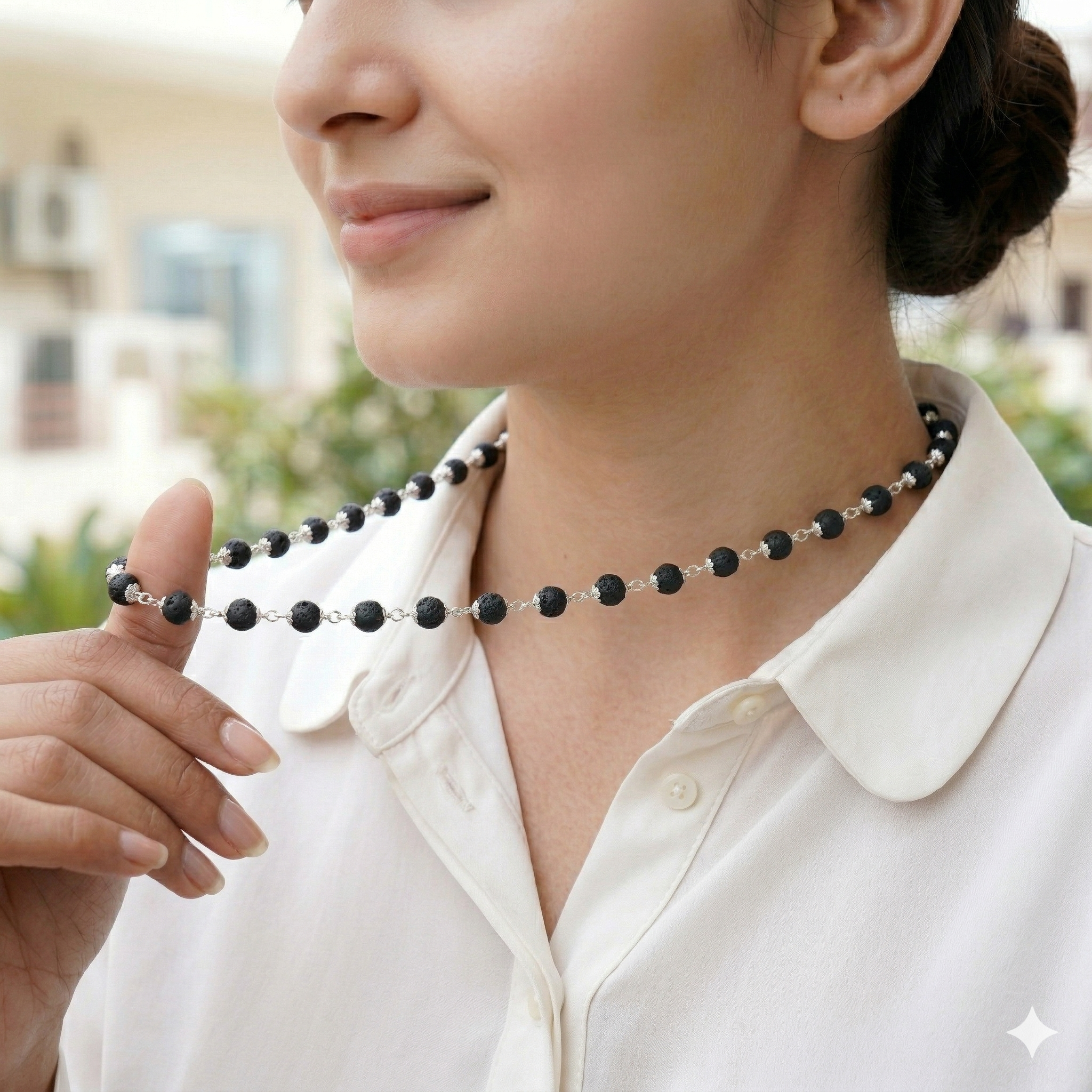 Zaviraa 925 Sterling Silver Karungali Mala (6–7MM) | Natural Ebony Wood Beads Mala for Men & Women | Dual Silver Wire Design Cap | Pure Chandi Spiritual Necklace