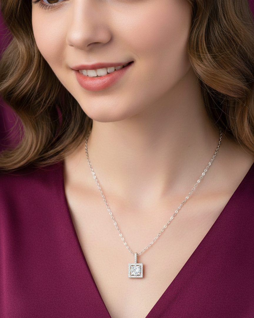 925 Sterling Silver Square Halo Pendant Necklace with Chain for Women