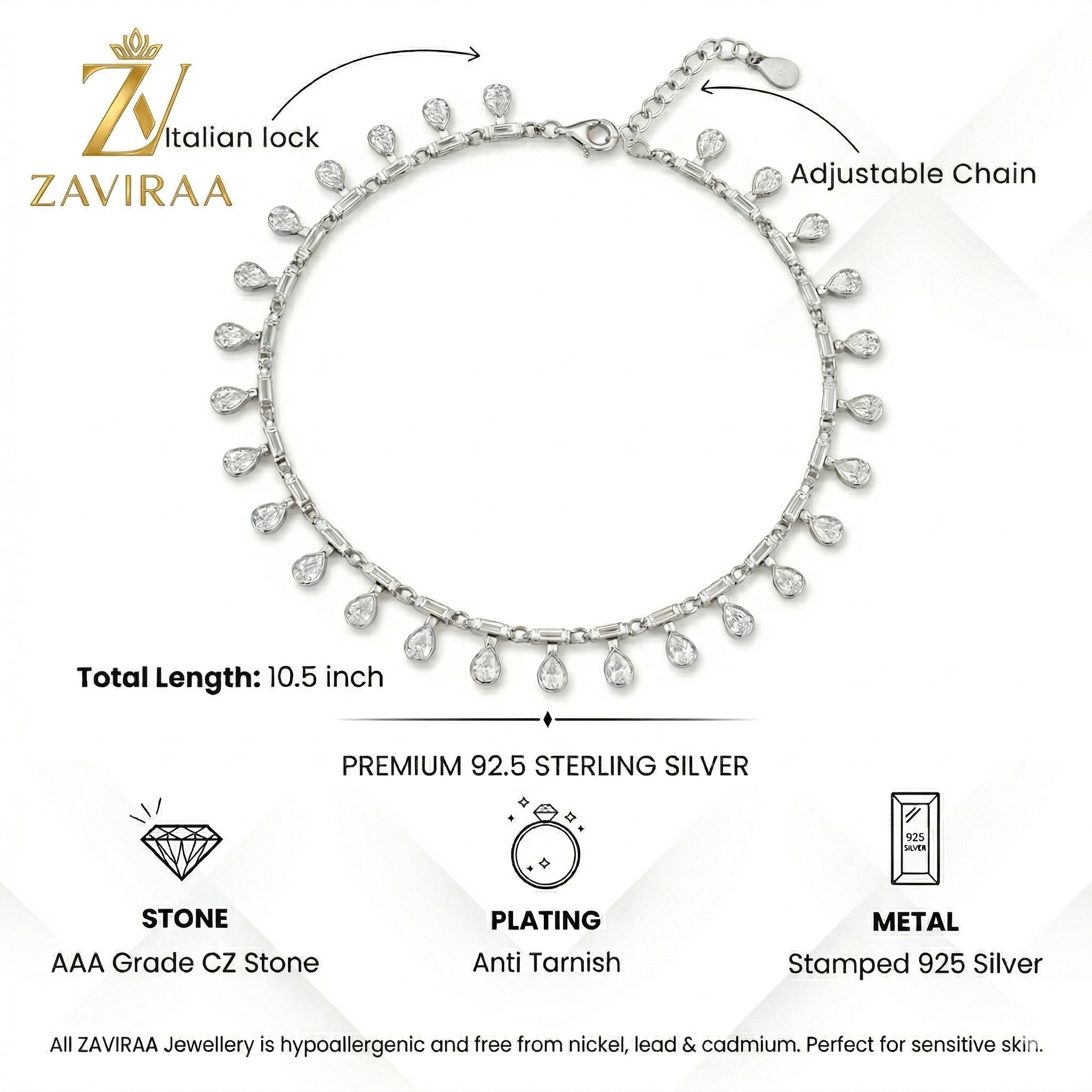 Elegant Teardrop CZ 925 Silver Anklet for Women