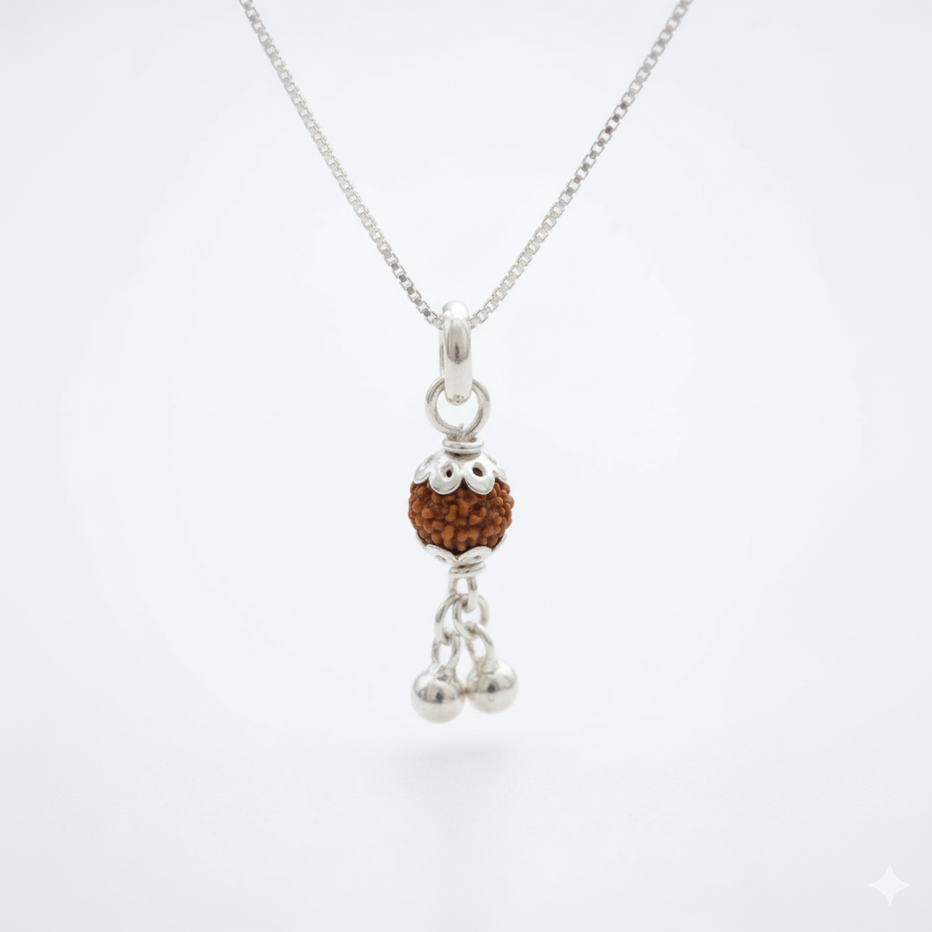 Zaviraa 925 Sterling Silver Rudraksha Pendant (6MM) with Dual Ghughri | Natural Rudraksh with Silver Caps | Pure Chandi Spiritual Jewellery | Pendant & Chain Options