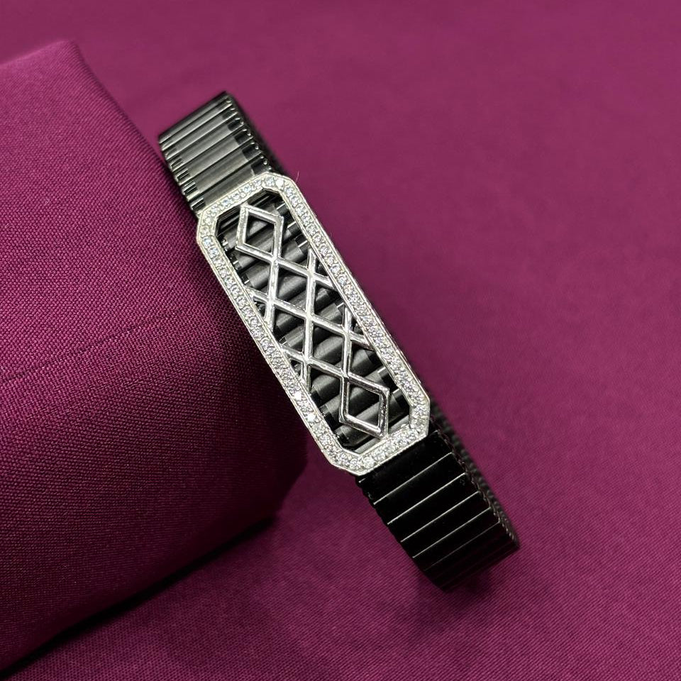 Premium Black Elastic Wrist Bracelet for Men | Stretchable Band with Geometrical Pattern | 925 Sterling Silver