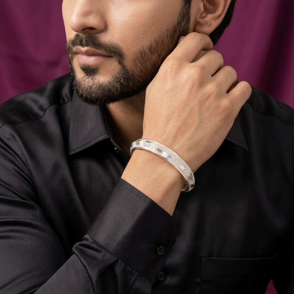 Men's Checkered Silver Kada | Designer Bracelet | 925 Sterling Silver