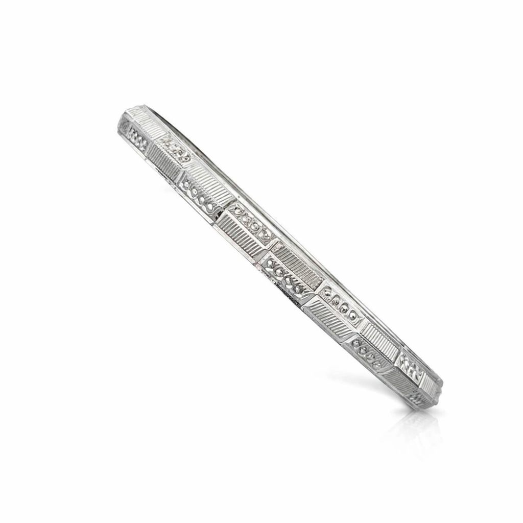 Men's Silver Geometric Engraved Striped Kada | Zaviraa
