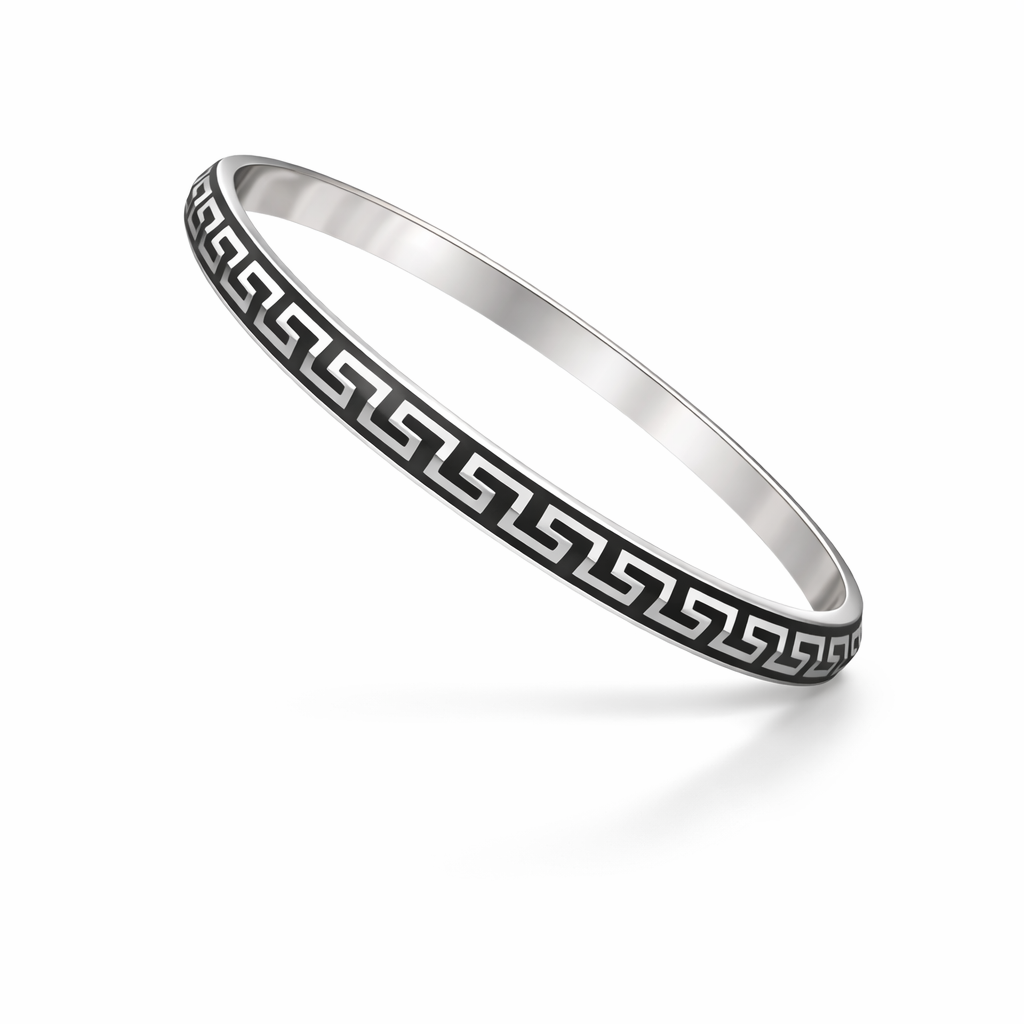 Men’s Silver Greek Pattern Kada with Black Enamel | Designer Bracelet | 925 Sterling Silver