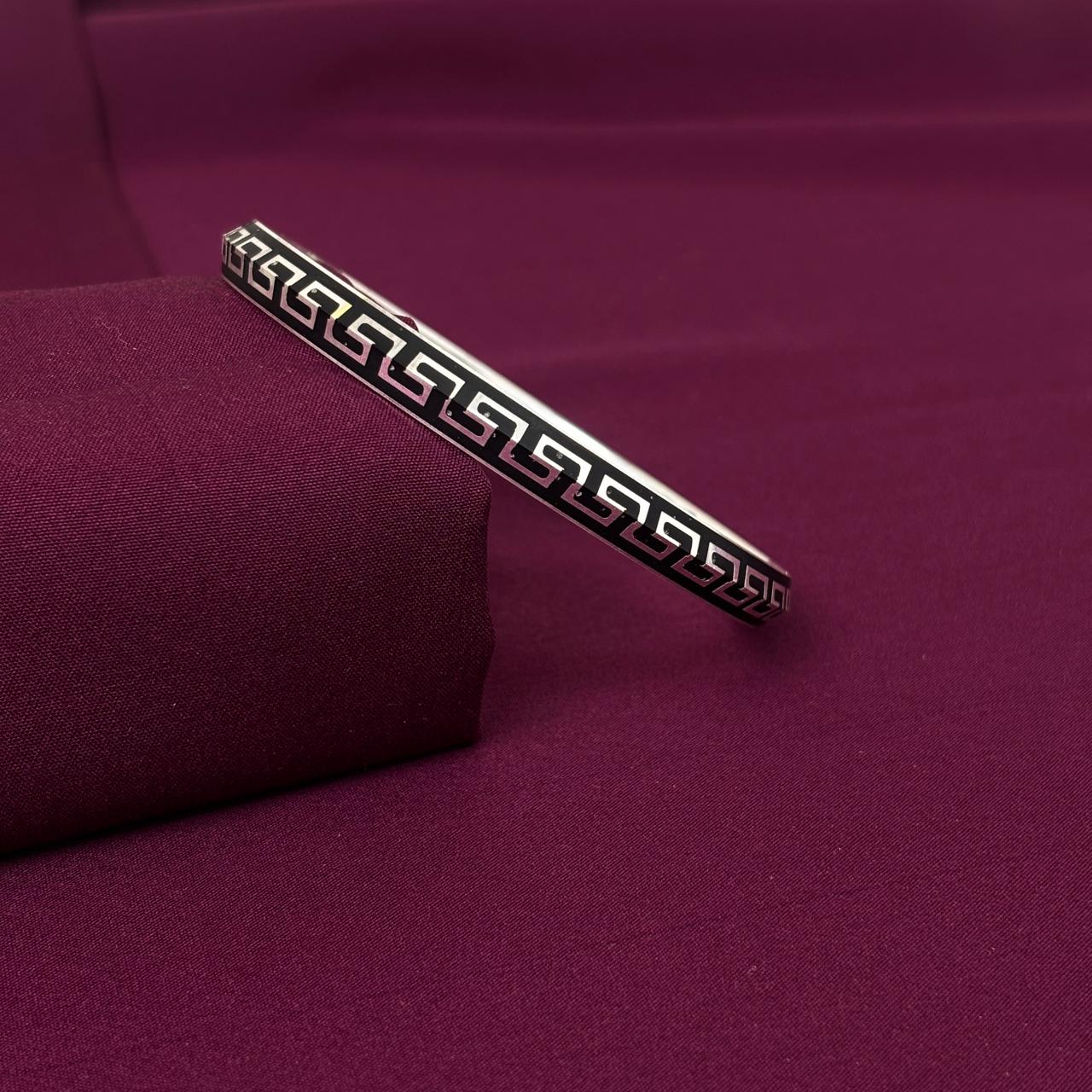 Men’s Silver Greek Pattern Kada with Black Enamel | Designer Bracelet | 925 Sterling Silver