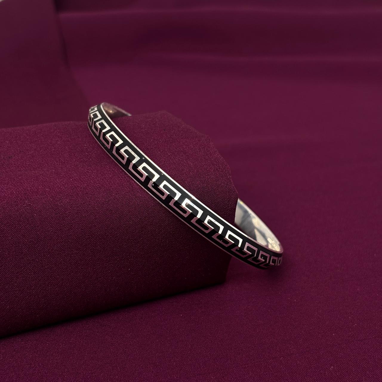 Men’s Silver Greek Pattern Kada with Black Enamel | Designer Bracelet | 925 Sterling Silver