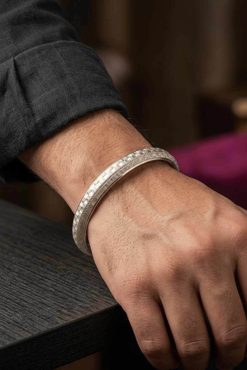 Premium Dual-Texture Silver Checkered Kada for Men | Zaviraa