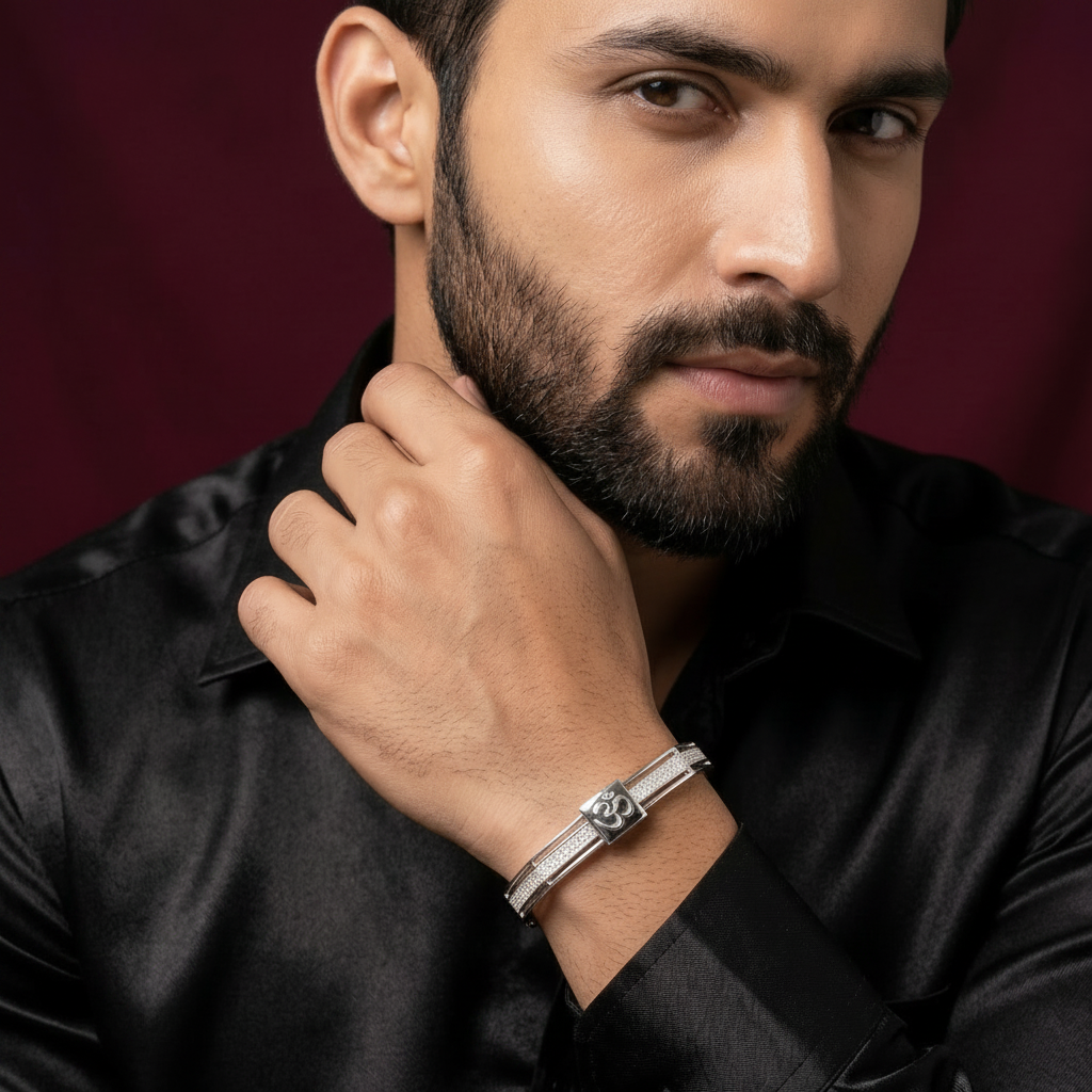 Om CZ Kada for Men | 925 Sterling Silver | Designer Silver Bracelet