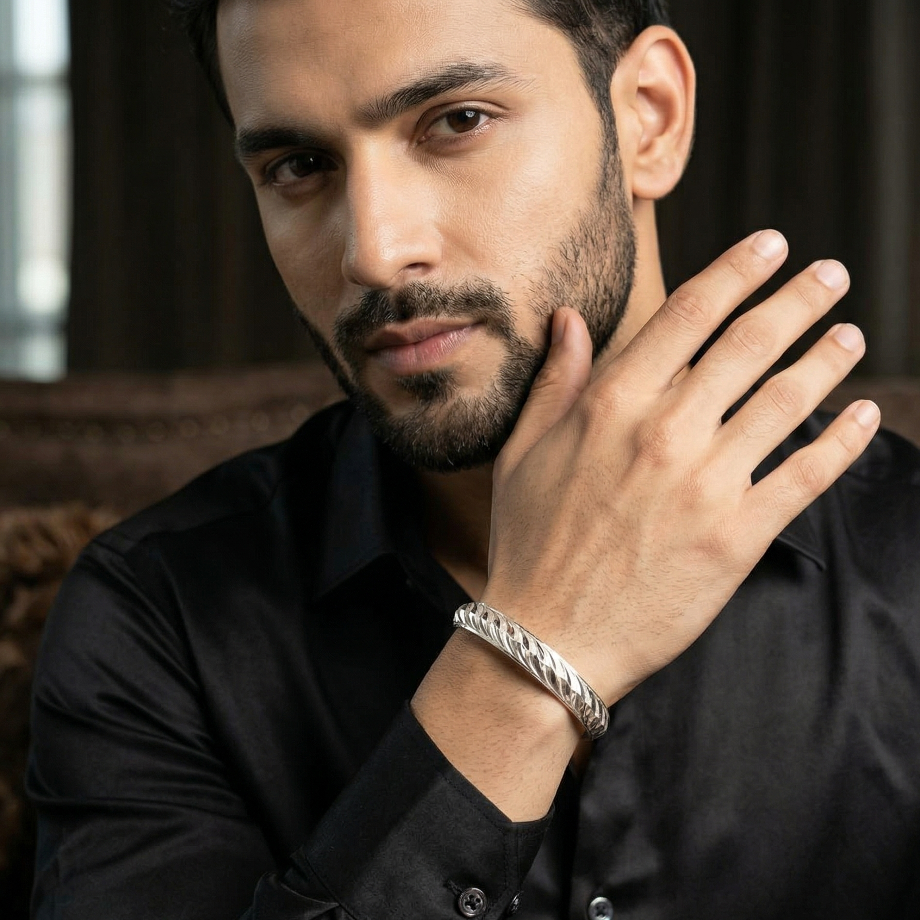 Men's Silver Cut Pattern Kada | Faceted Engraved Designer Bracelet | 925 Sterling Silver