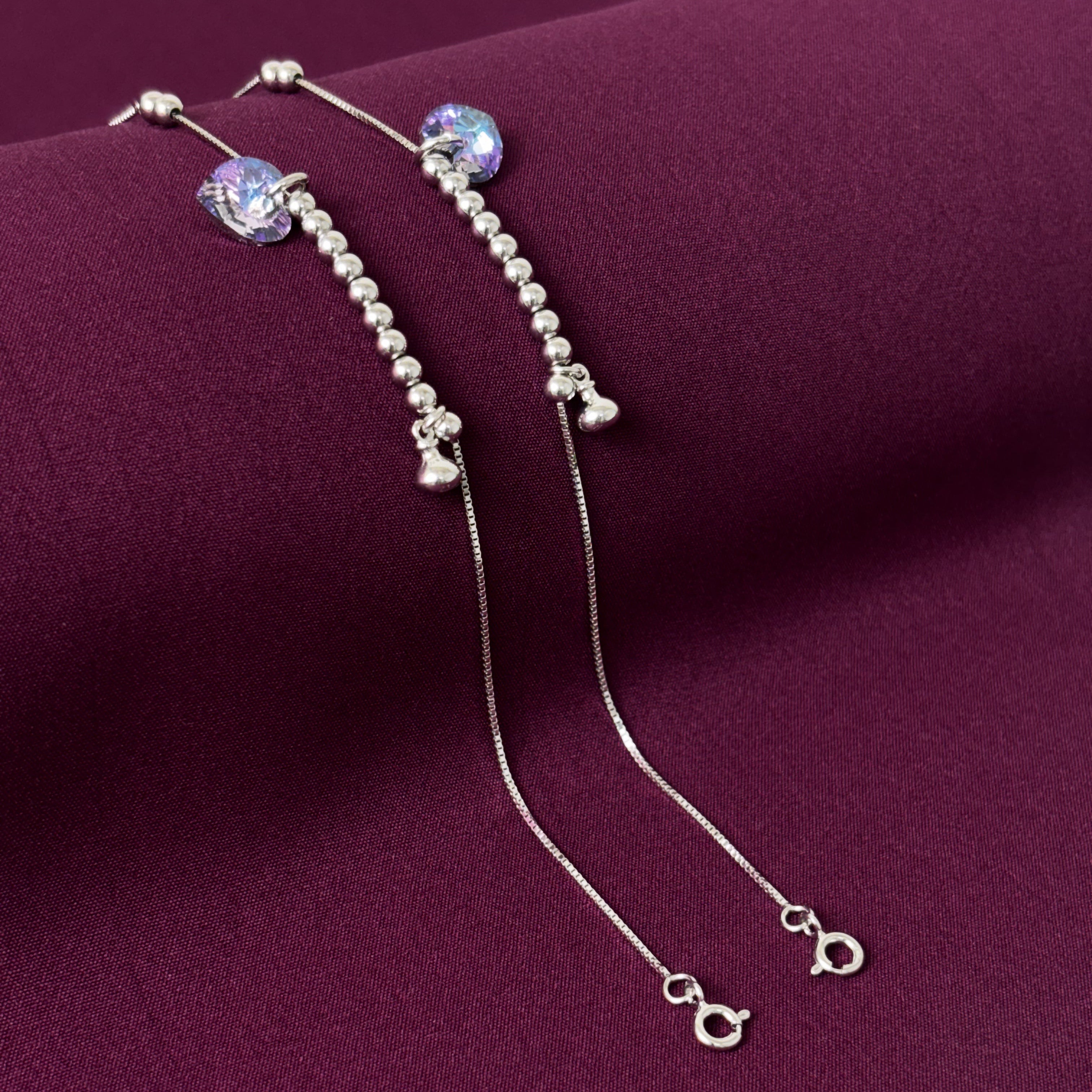 925 Sterling Silver Heart Crystal Charm Anklet for Women
