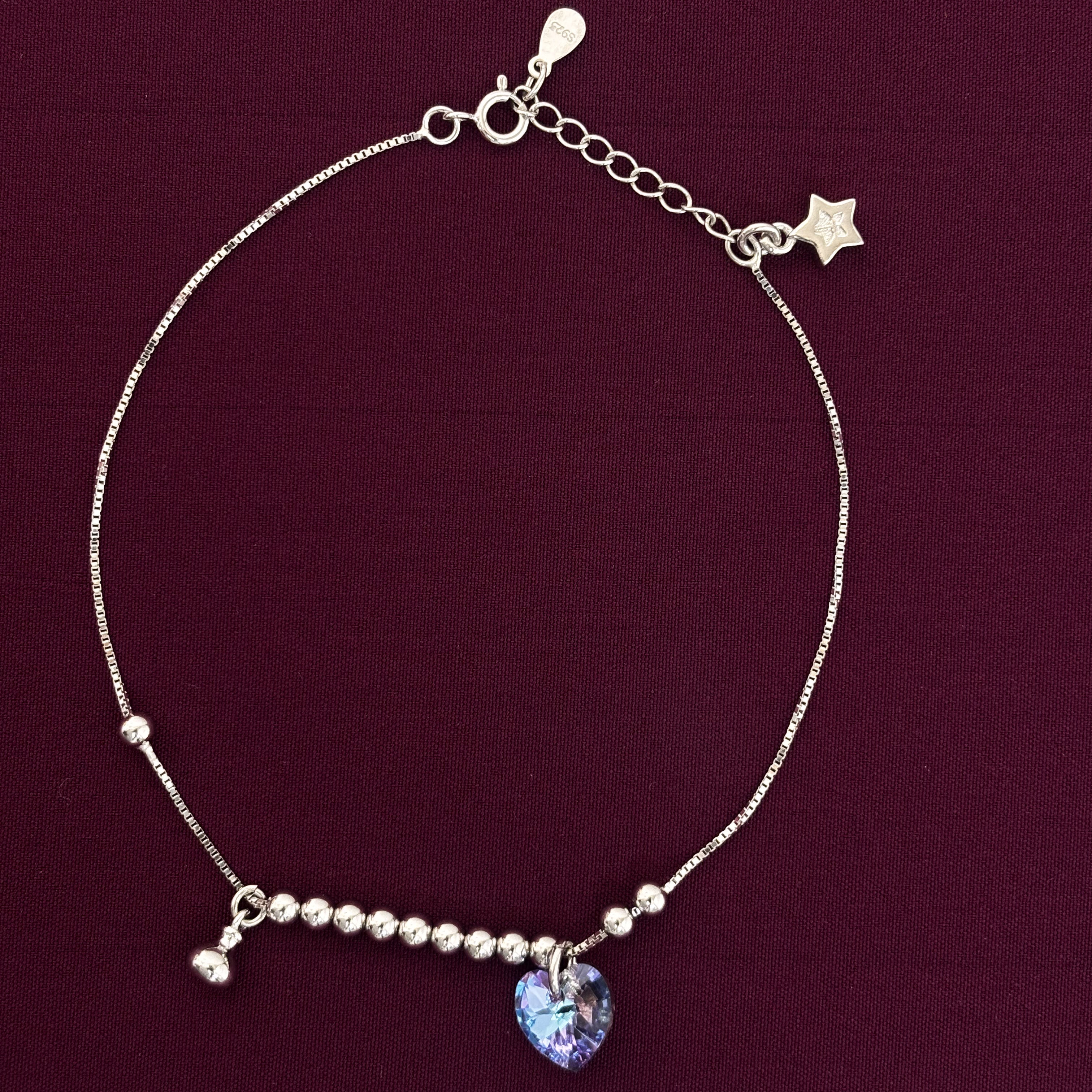 925 Sterling Silver Heart Crystal Charm Anklet for Women