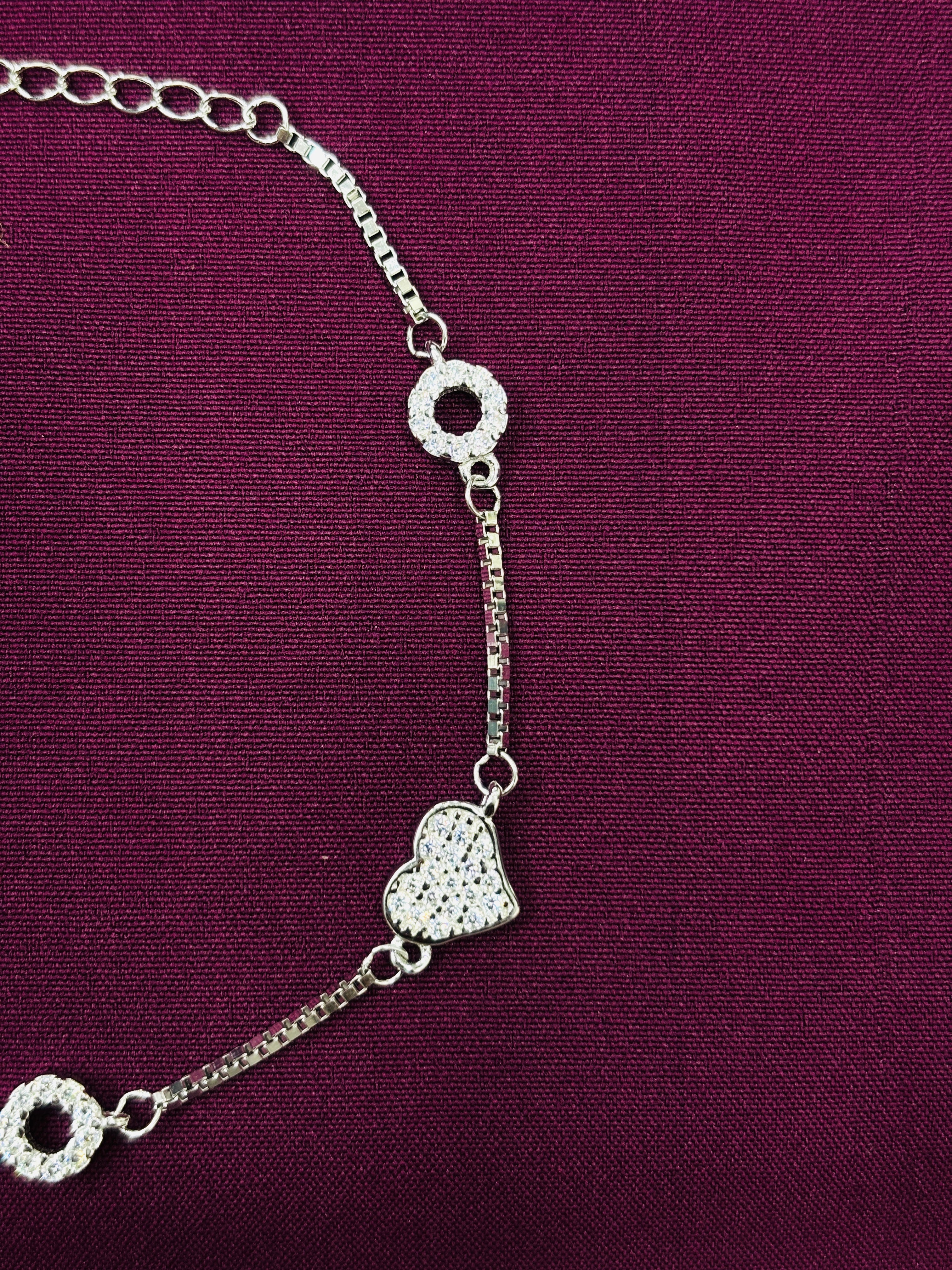 925 Sterling Silver Heart & CZ Link Bracelet for Women
