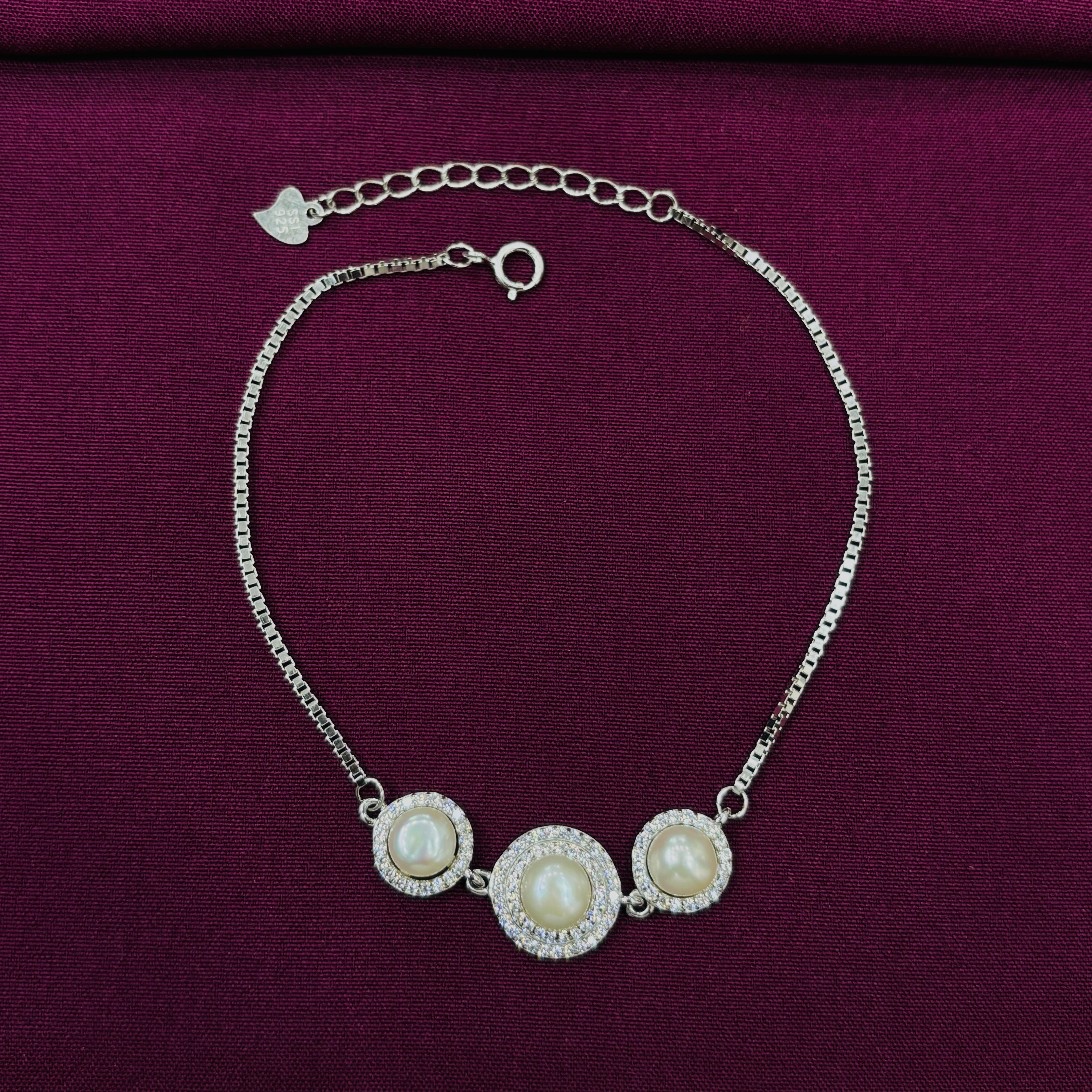 925 Sterling Silver Pearl Charm Bracelet for Women | CZ Studded Adjustable Ladies Bracelet