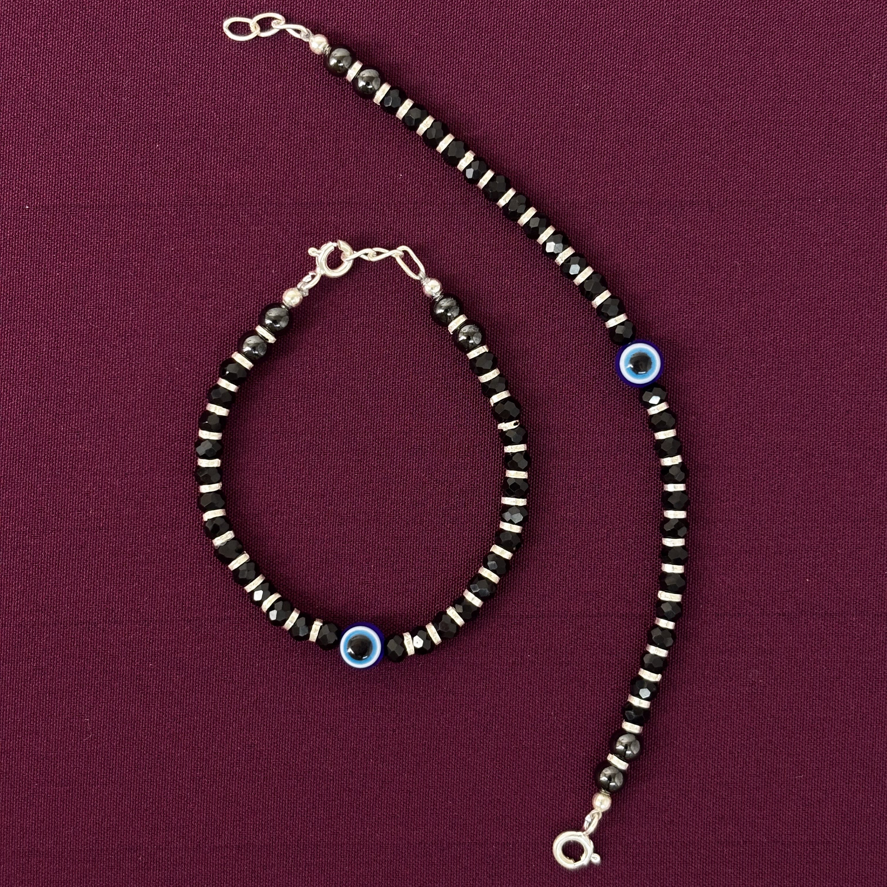 925 Sterling Silver Black Beads Evil Eye Kids Nazariya Bracelet Pair