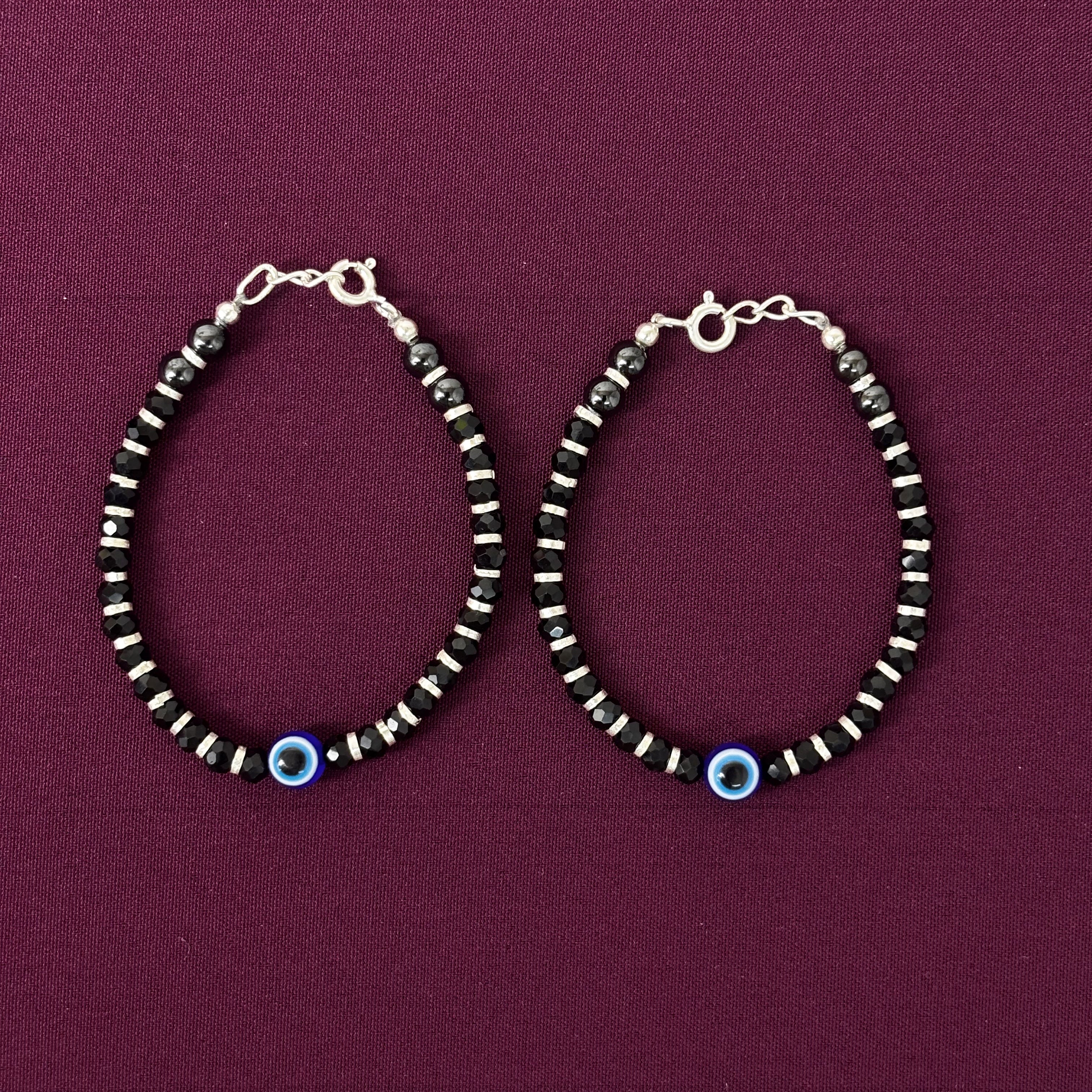 925 Sterling Silver Black Beads Evil Eye Kids Nazariya Bracelet Pair