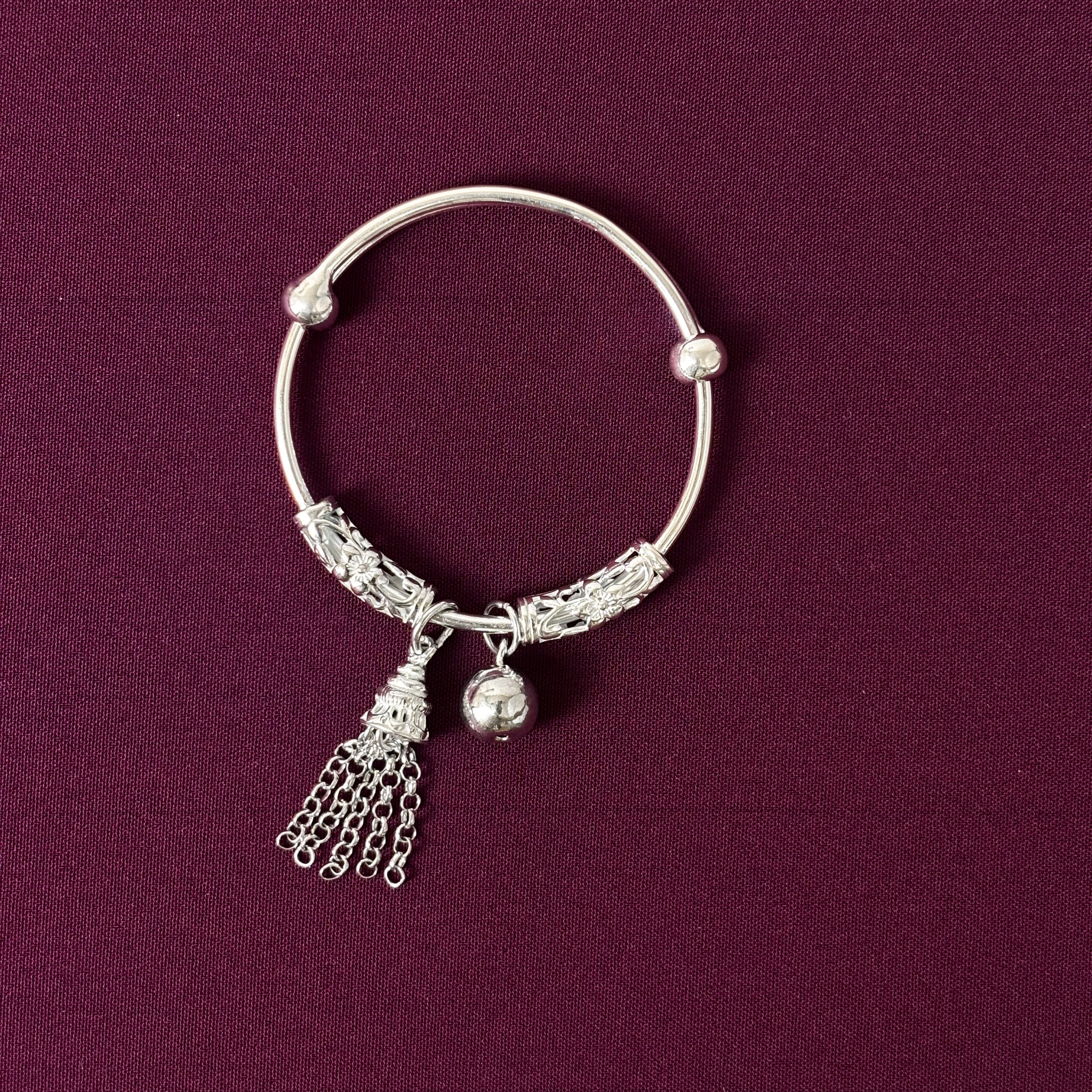 925 Sterling Silver Kids Bangles/Kada with Ghungroo & Chain Tassels – Pair
