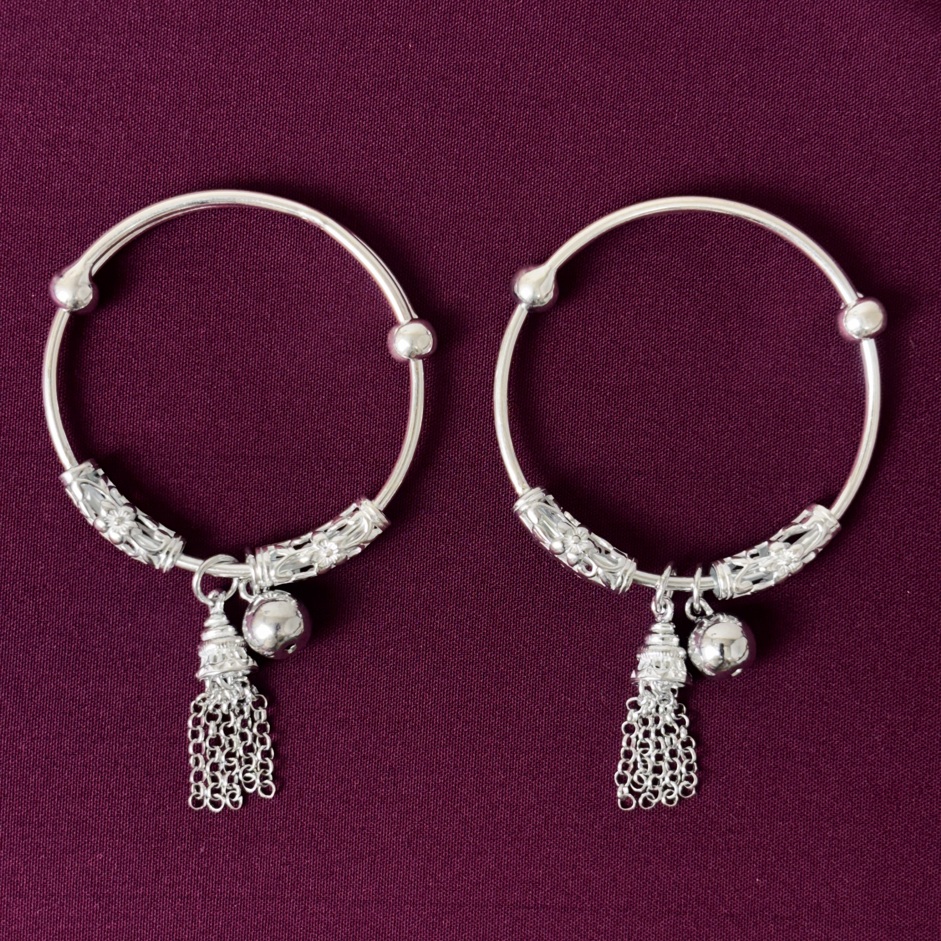 925 Sterling Silver Kids Bangles/Kada with Ghungroo & Chain Tassels – Pair