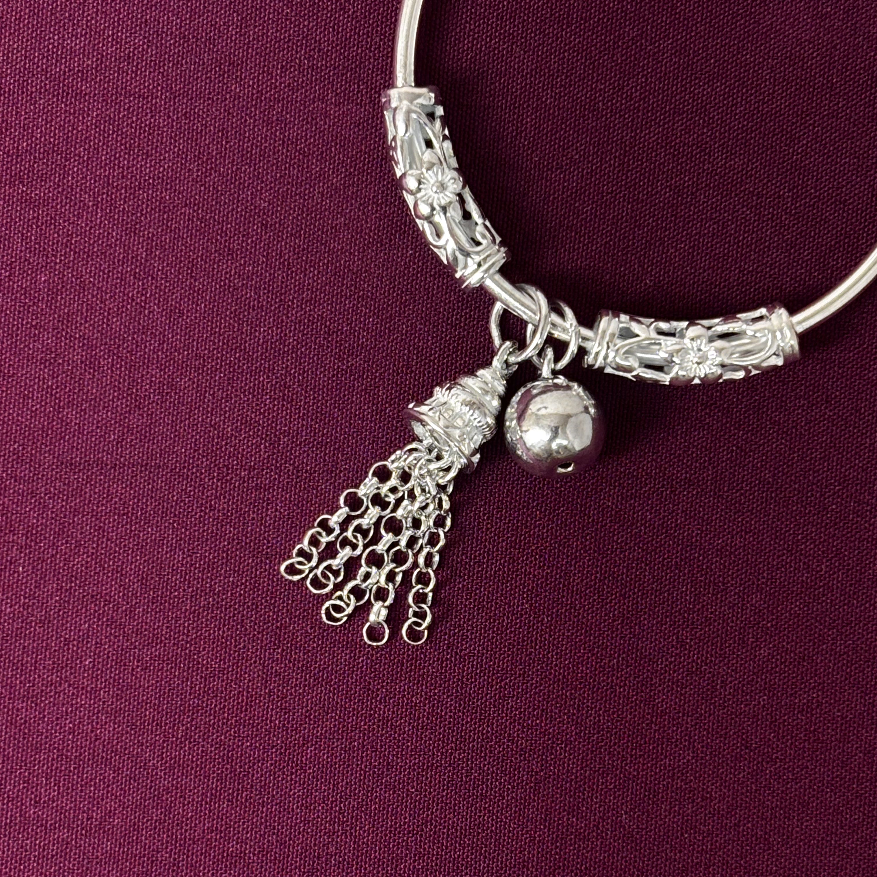 925 Sterling Silver Kids Bangles/Kada with Ghungroo & Chain Tassels – Pair