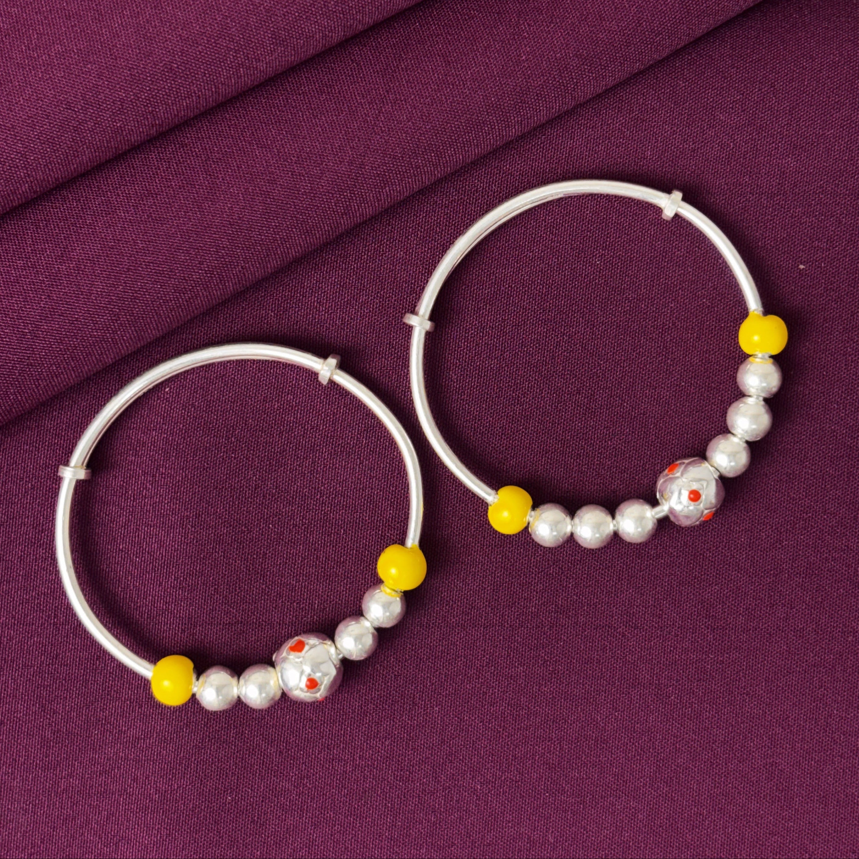 925 Sterling Silver Kids Kada Bangles with Yellow Beads – Pair