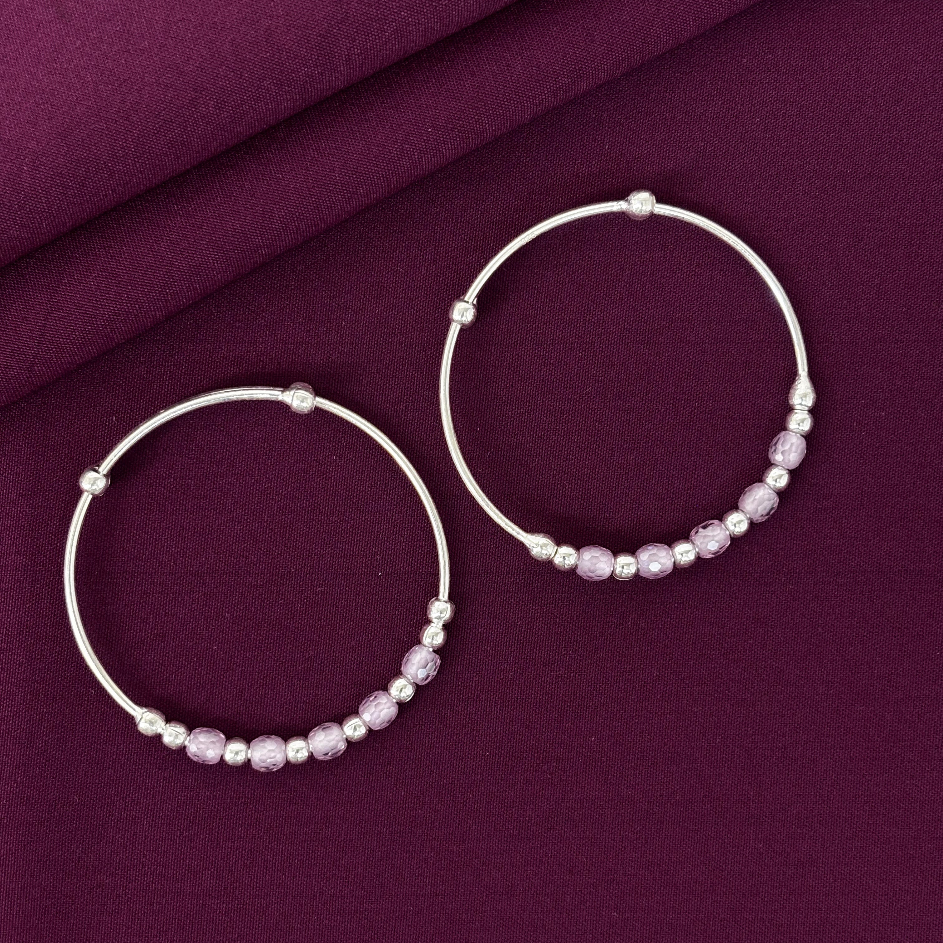 925 Sterling Silver Kids Kada Bangles with Lavender Beads – Pair