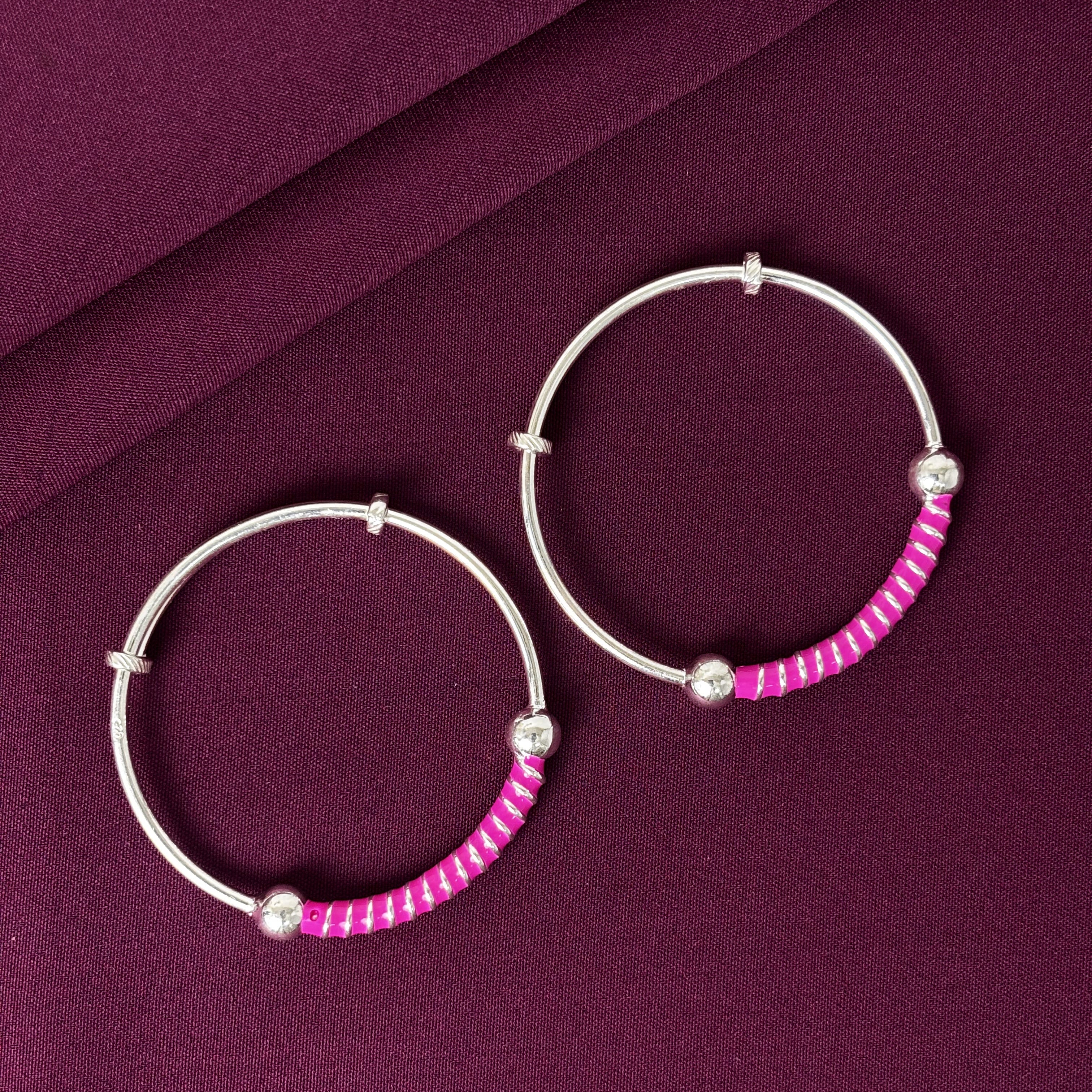 925 Sterling Silver Kids Kada Bangles with Pink Beads – Pair