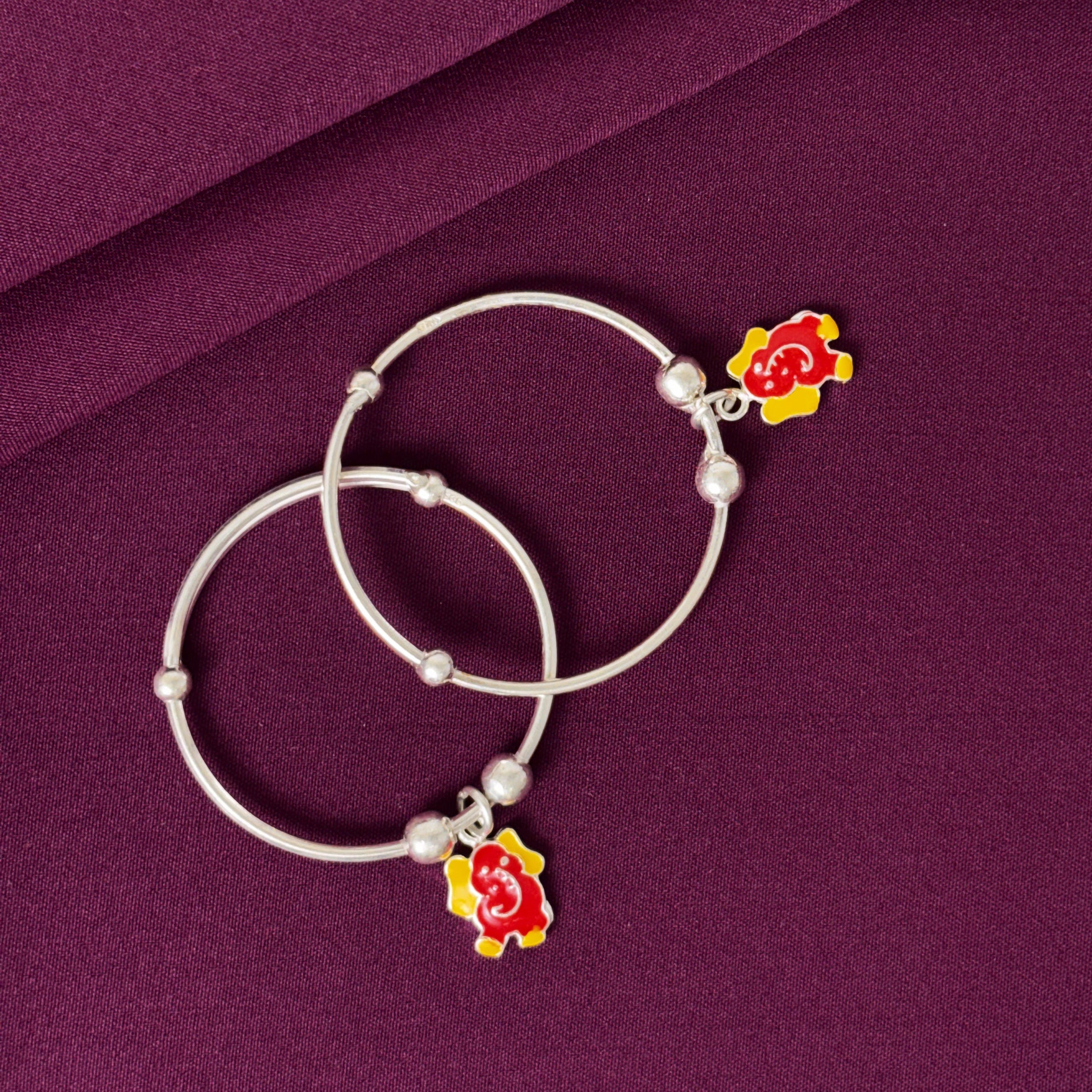 925 Sterling Silver Kids Ganesha Charm Kada Bangles Pair