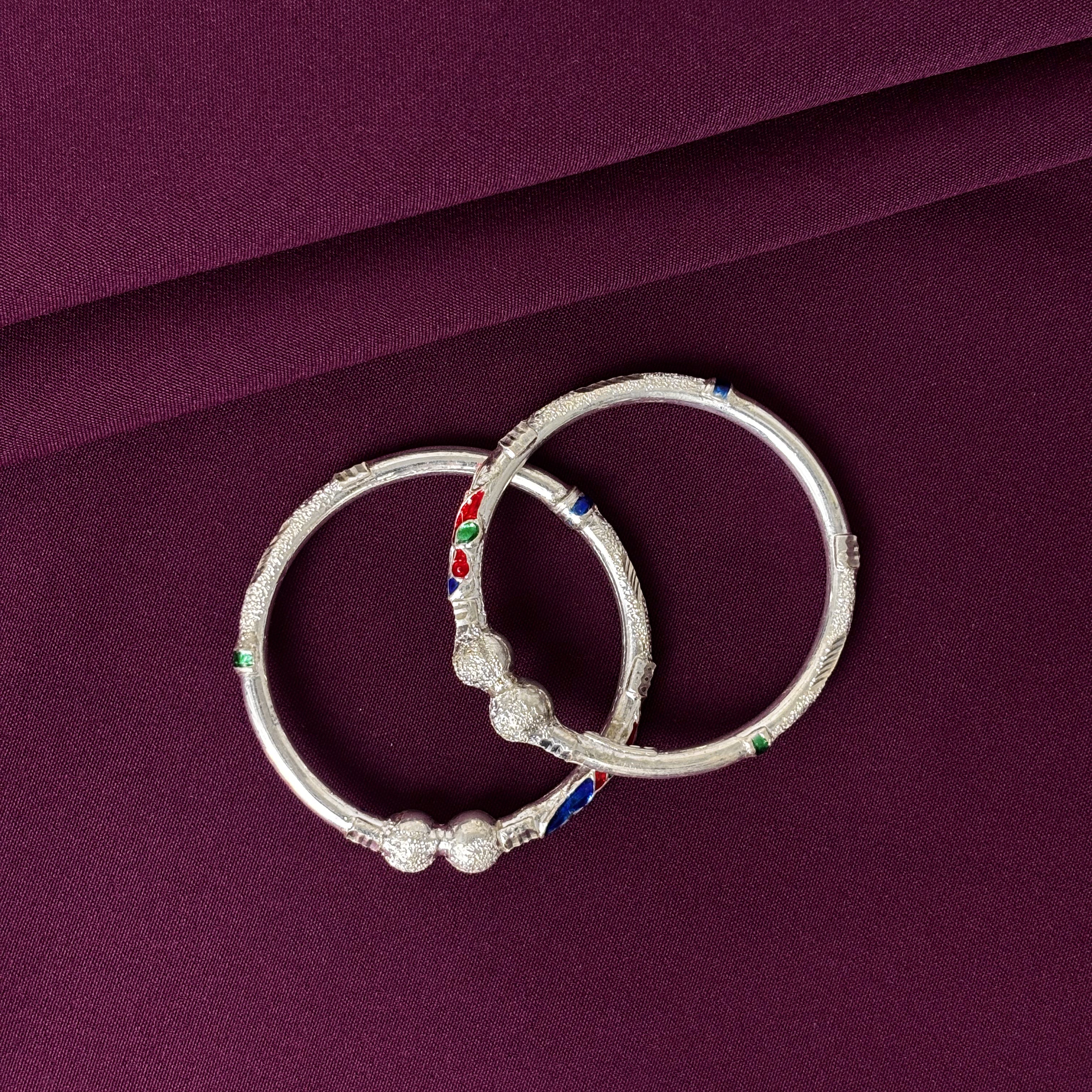 925 Sterling Silver Kids Kada Bangles with Enamel Detailing (Pair)