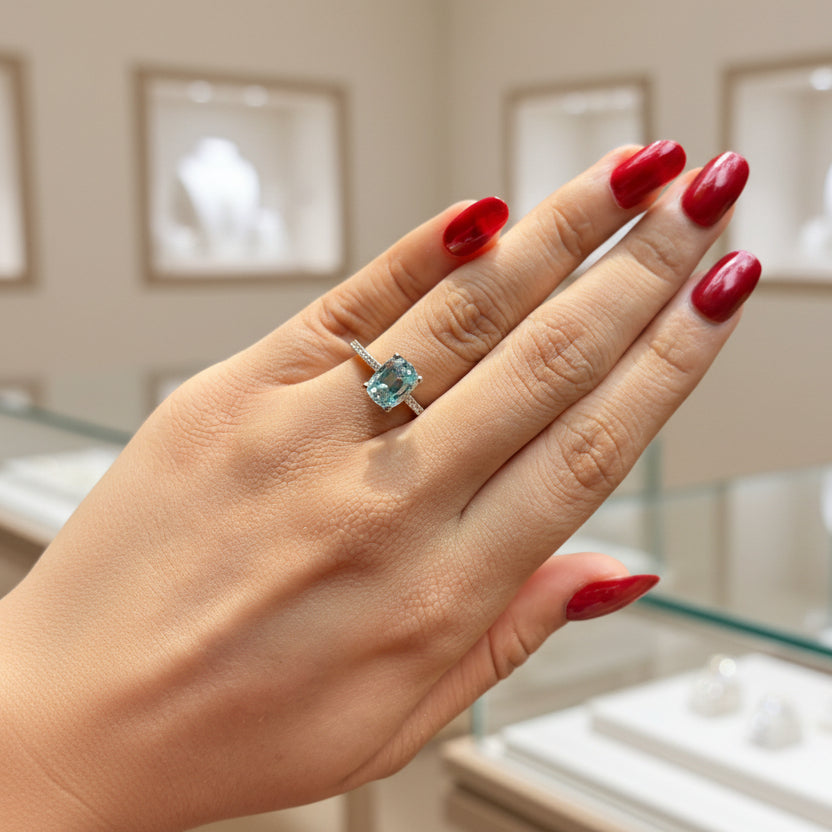 Zaviraa Cyan Blue Old Mine Cushion Cut Moissanite Engagement Ring for Women – 925 Sterling Silver Solitaire Ring with Pave Band | Vintage Proposal Ring