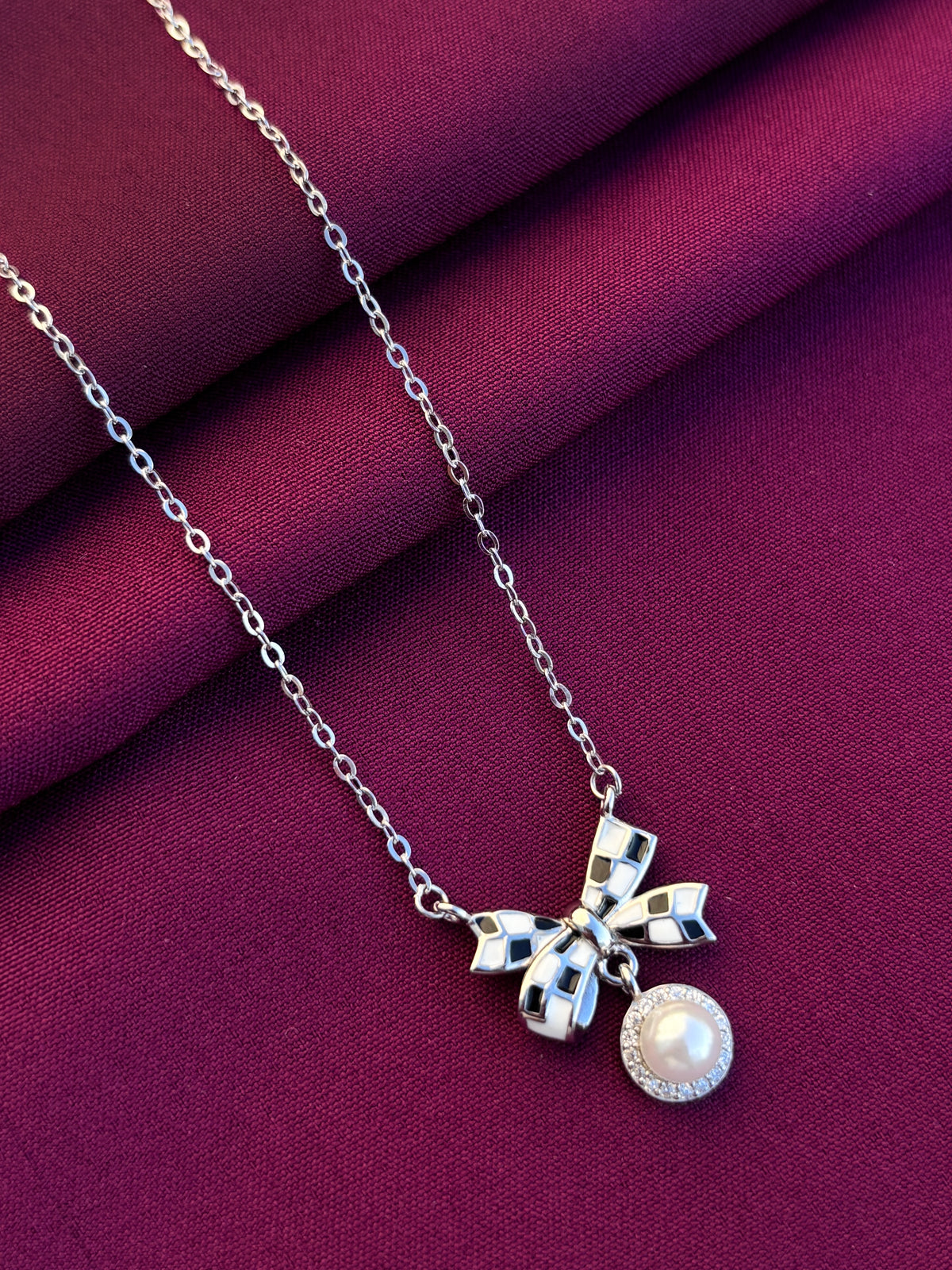 925 Sterling Silver Bow Pearl Pendant Necklace with Chain for Women