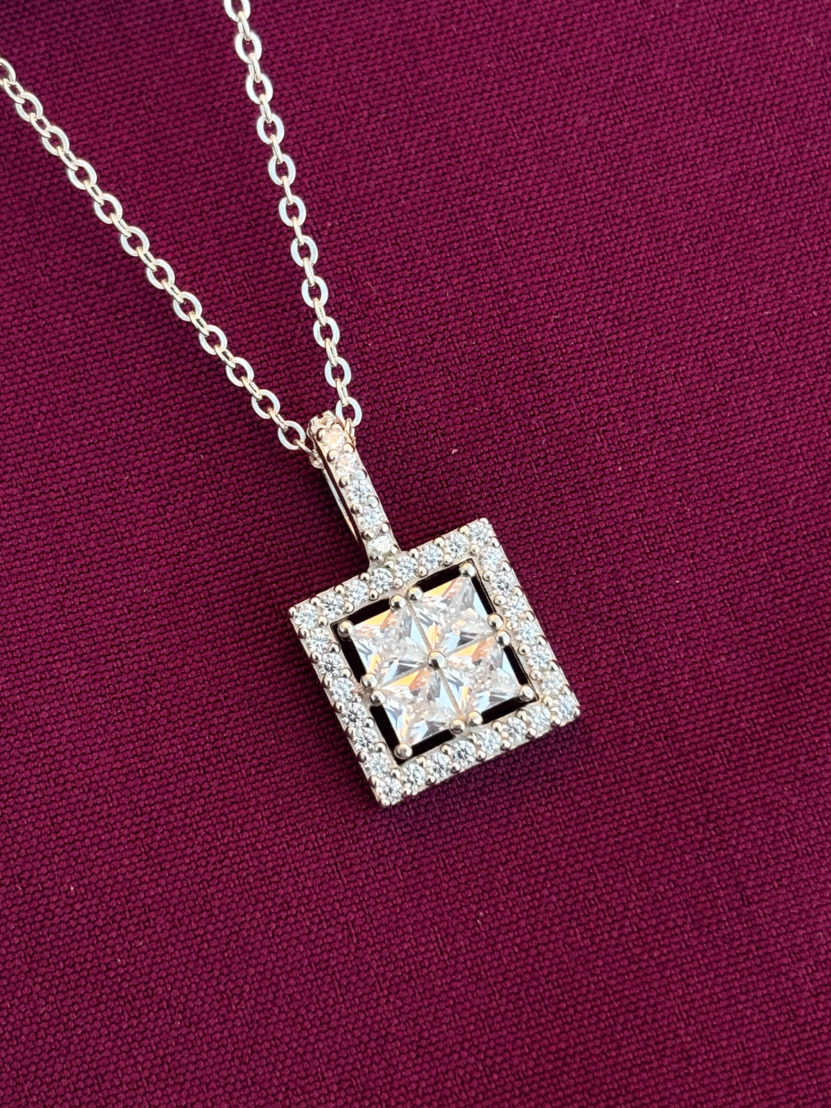 925 Sterling Silver Square Halo Pendant Necklace with Chain for Women