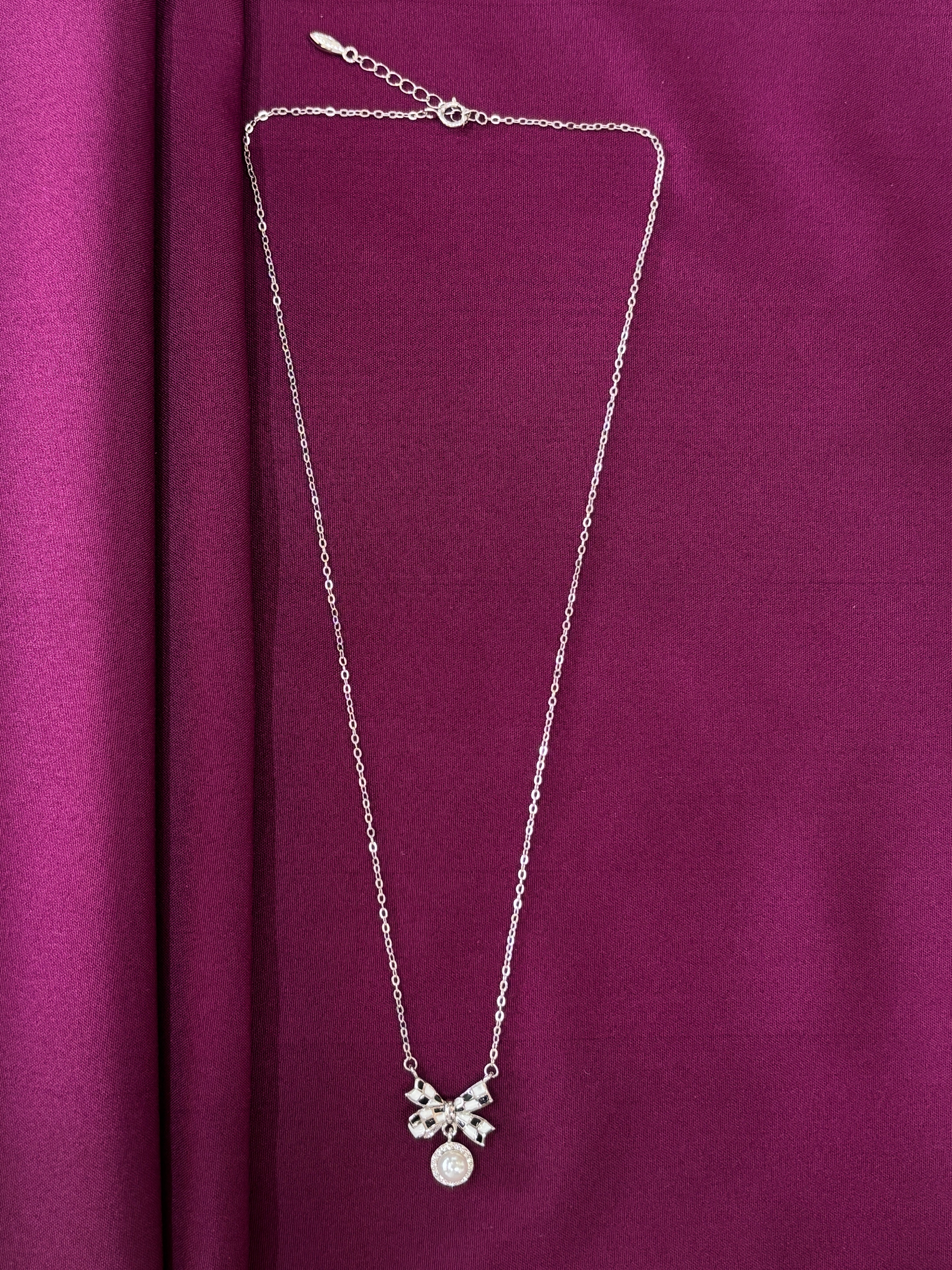 925 Sterling Silver Bow Pearl Pendant Necklace with Chain for Women