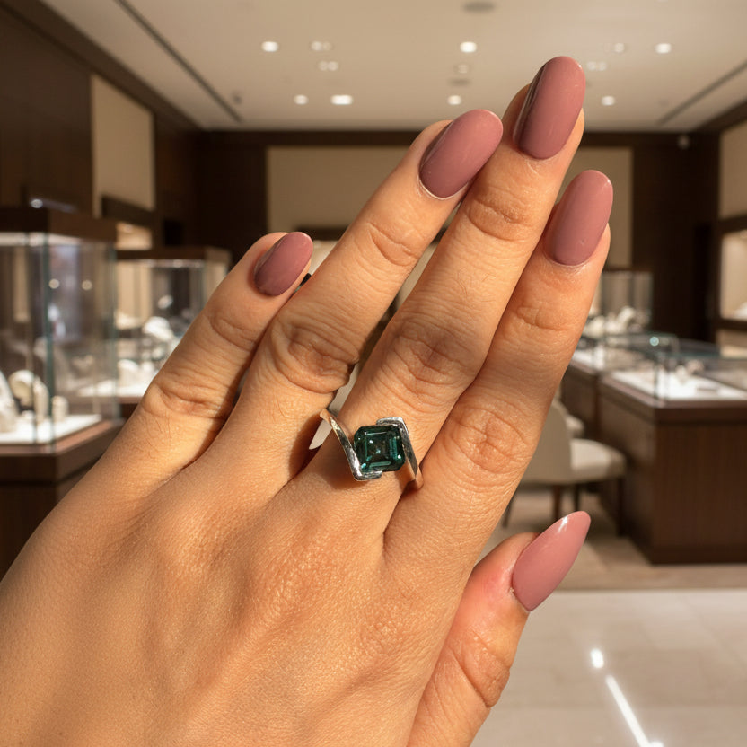 Zaviraa 3.00 CT Asscher Cut Dark Green Moissanite Engagement Ring for Women – 925 Sterling Silver Bezel Set Bypass Shank Ring | Unique Statement Ring