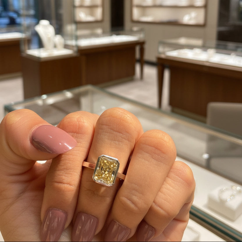 Zaviraa 3.00 CT Radiant Cut Yellow Moissanite Engagement Ring for Women – 925 Sterling Silver Bezel Set Solitaire Ring | Minimal Luxury Proposal Ring
