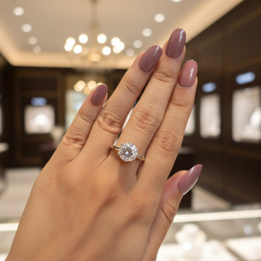 Zaviraa 6.50 CT Portuguese Cut Moissanite Engagement Ring for Women – 925 Sterling Silver Solitaire Ring with Six Claw Tulip Setting | Luxury Proposal Ring