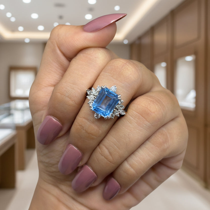 Zaviraa Emerald Cut Aquamarine Halo Engagement Ring for Women – 925 Sterling Silver Floral Moissanite Accent Ring | Elegant Proposal Ring