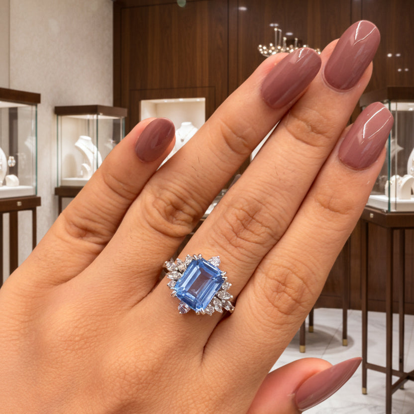 Zaviraa Emerald Cut Aquamarine Halo Engagement Ring for Women – 925 Sterling Silver Floral Moissanite Accent Ring | Elegant Proposal Ring