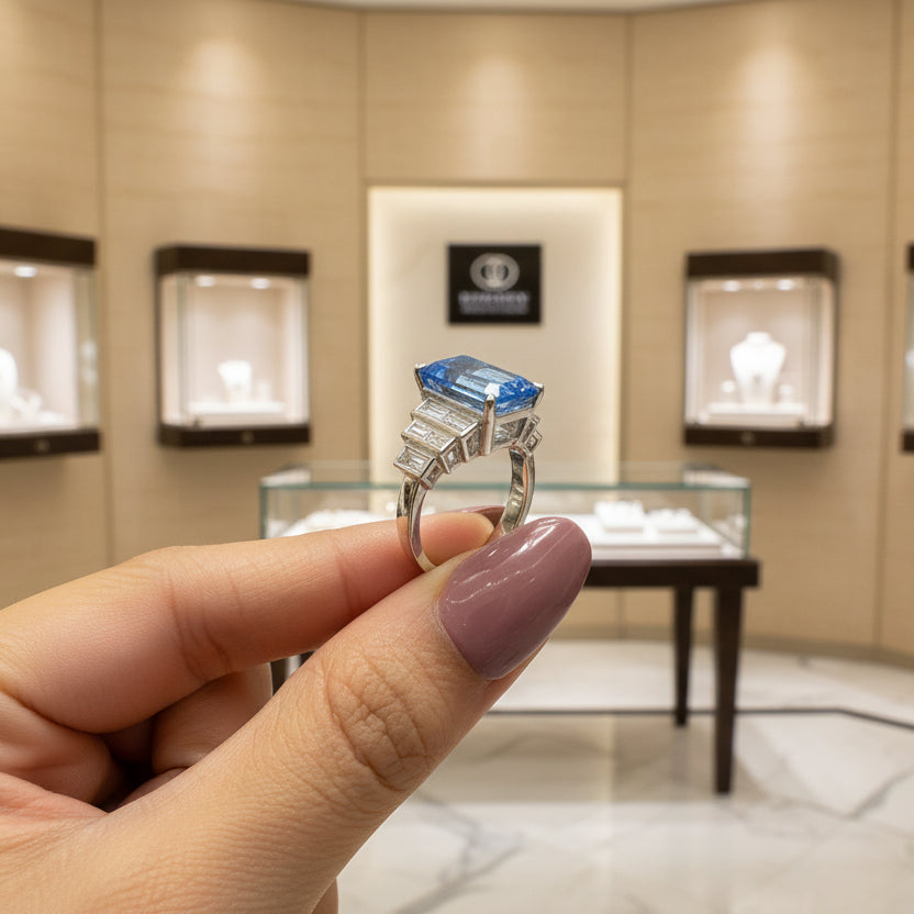 Zaviraa Emerald Cut Aquamarine Engagement Ring for Women – 925 Sterling Silver Art Deco 7 Stone Ring with Baguette Moissanite Accents | March Birthstone Proposal Ring