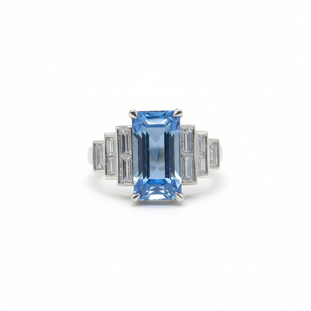 Zaviraa Emerald Cut Aquamarine Engagement Ring for Women – 925 Sterling Silver Art Deco 7 Stone Ring with Baguette Moissanite Accents | March Birthstone Proposal Ring