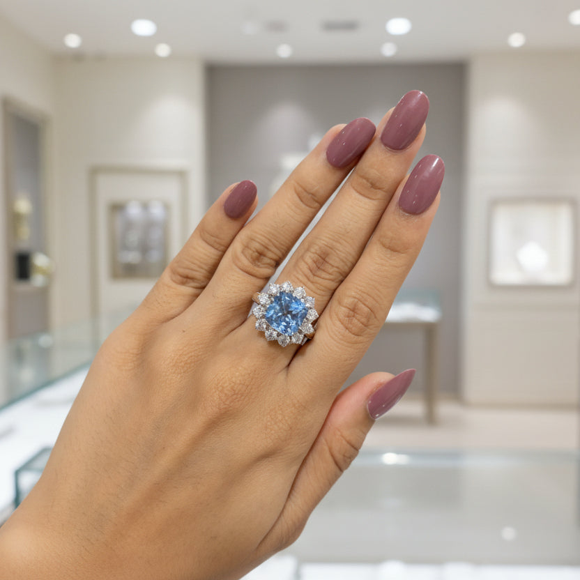 Zaviraa Cushion Cut Aquamarine Halo Engagement Ring for Women – 925 Sterling Silver Vintage Victorian Art Deco Ring with Moissanite Accents