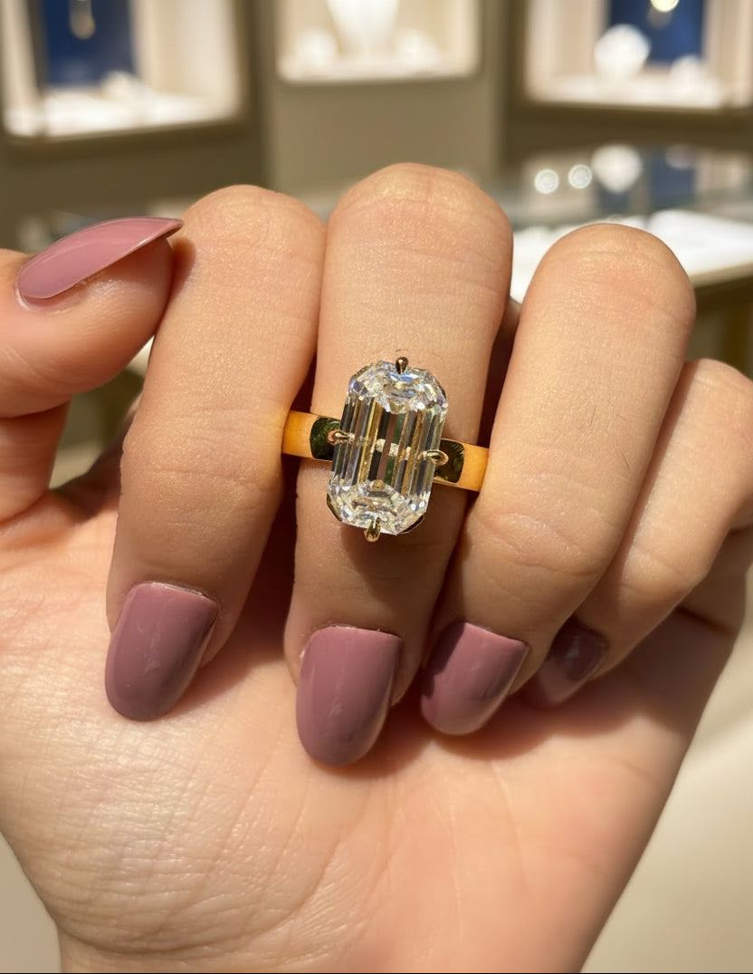 Zaviraa 6.50 CT Old Mine Emerald Cut Moissanite Engagement Ring for Women – 925 Sterling Silver Thick Band Solitaire Ring | Krupp Cut Celebrity Style Ring