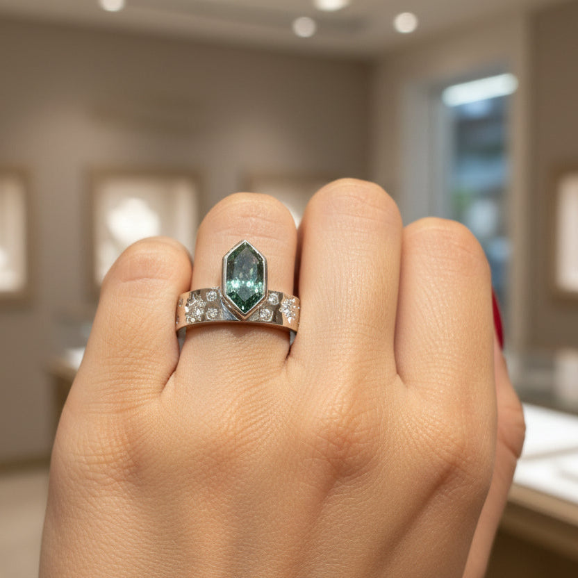 Zaviraa 2.00 CT Blue Green Dutch Marquise Moissanite Engagement Ring for Women – 925 Sterling Silver Bezel Set Starburst Thick Band | Unique Statement Proposal Ring