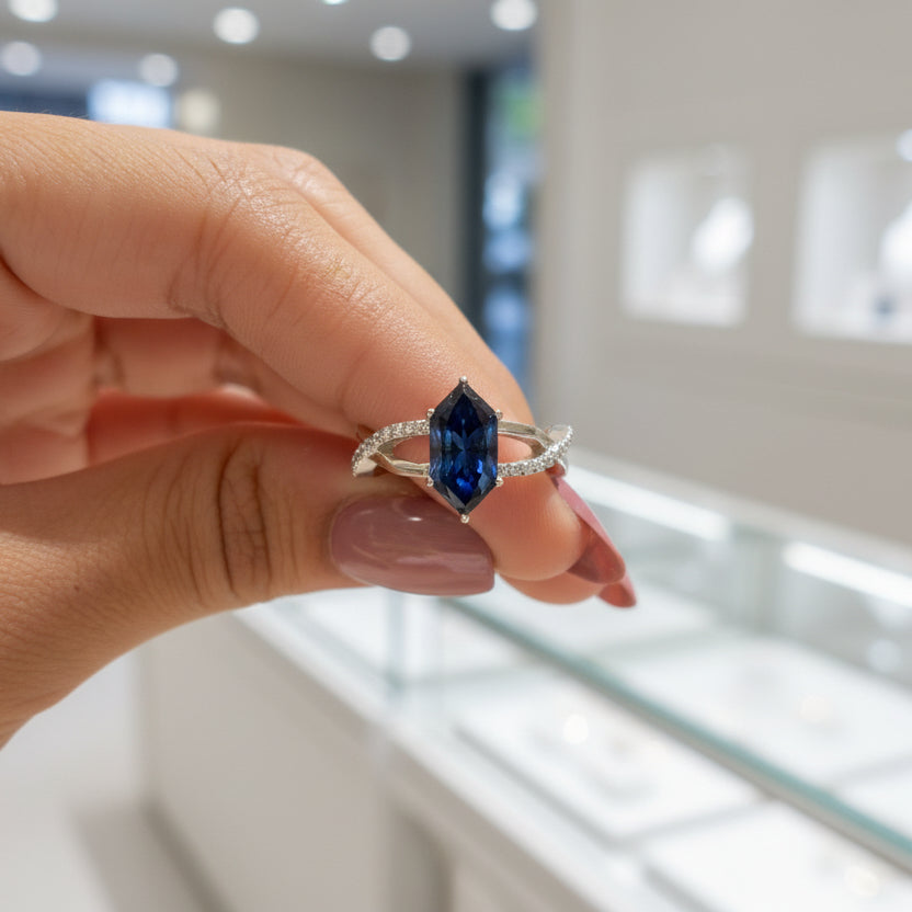 Zaviraa 2.00 CT Royal Dark Blue Dutch Marquise Moissanite Engagement Ring for Women – 925 Sterling Silver Finish Twisted Shank Pave Set Proposal Ring