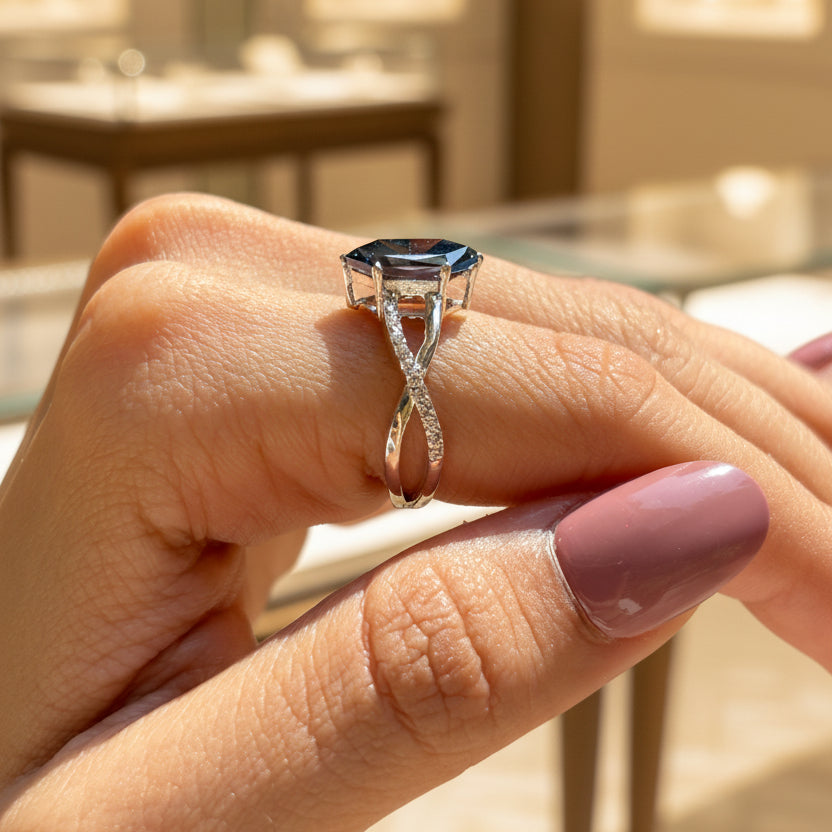 Zaviraa 2.00 CT Royal Dark Blue Dutch Marquise Moissanite Engagement Ring for Women – 925 Sterling Silver Finish Twisted Shank Pave Set Proposal Ring