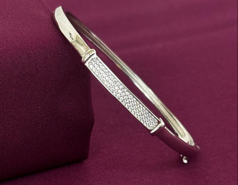 Sterling Silver Pavé CZ Bar Designer Bracelet Kada for Women
