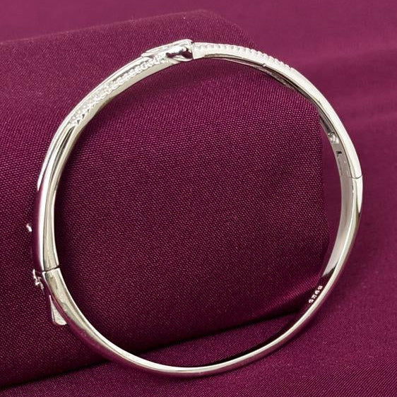 Sterling Silver Interlocking Heart CZ Designer Bracelet Kada for Women