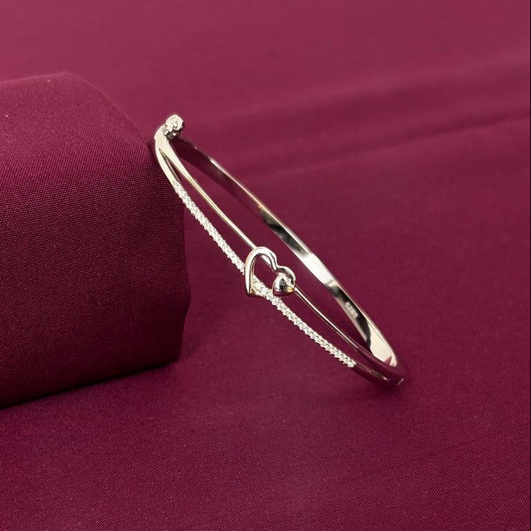 Sterling Silver Interlocking Heart CZ Designer Bracelet Kada for Women