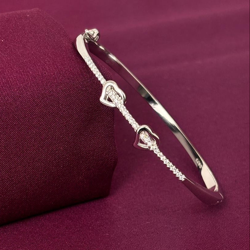 Sterling Silver Double Heart CZ Designer Bracelet Kada for Women